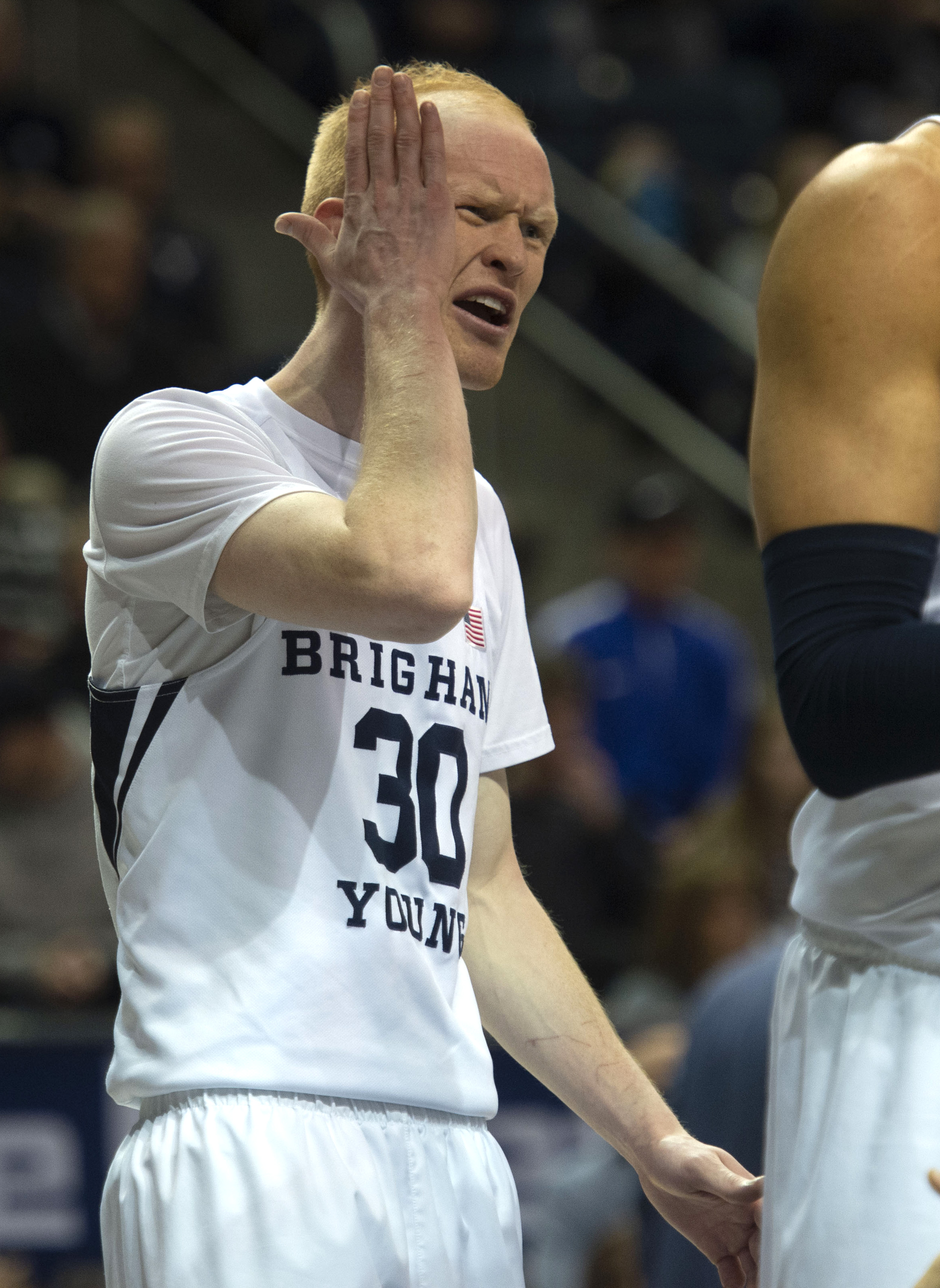 (Rick Egan | The Salt Lake Tribune) Brigham Young Cougars guard TJ Haws (30), reacts after a hard foul, in WCC basketball action between Brigham Young Cougars and San Francisco Dons, at the Marriott Center, Thursday, February 21, 2018. 