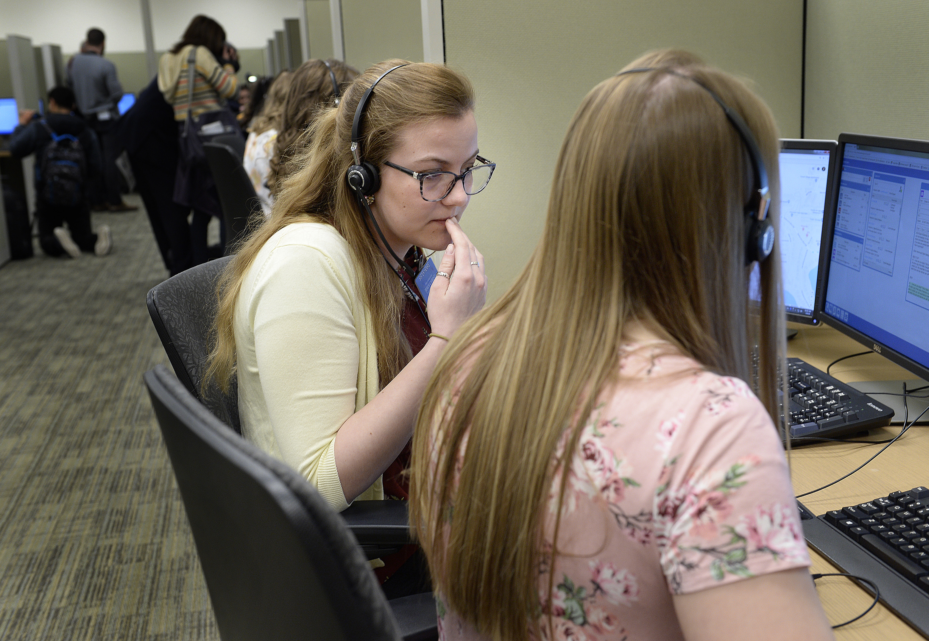 Scott Sommerdorf | The Salt Lake Tribune Sister Colleen Henry speaks to a contact in Washington state from the Temple Square North Visitors Center. Missionaries showed how they use social media and video technology to connect with and teach people who want to learn more about the church, Thursday, March 8, 2018.