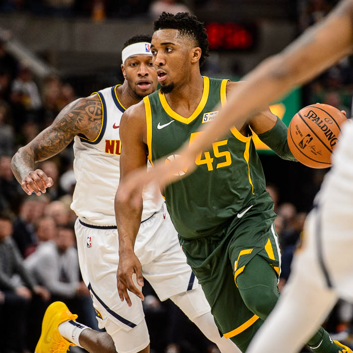 (Trent Nelson | The Salt Lake Tribune) Utah Jazz guard Donovan Mitchell (45) drives to the basket as the Utah Jazz host the Denver Nuggets, NBA basketball in Salt Lake City on Wednesday Jan. 23, 2019.