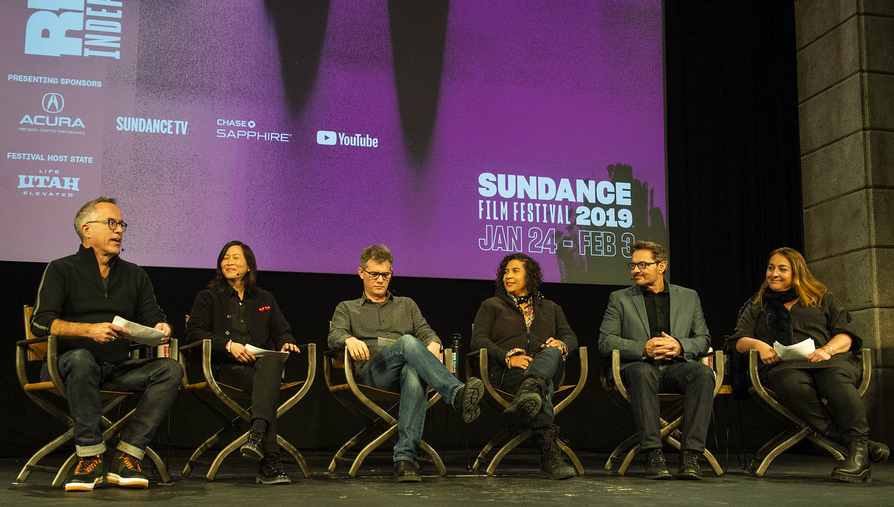 (Rick Egan | The Salt Lake Tribune) Jon Cooper, Director of the Sundance Film Festival, Kim Yutani, Director of Programming, David Courier, Senior programmer, Shari Frilot, Chief Curator New Frontier and Senior Programmer, John Nein, Senior Programmer, and Caroline Libresco Director, Catalyst and Women at Sundance Senior Programmer discuss the films being screened this year, at the opening news conference for the 2019 Sundance Film Festival at the Egyptian Theatre in Park CIty, Thursday, Jan. 24, 2019. 