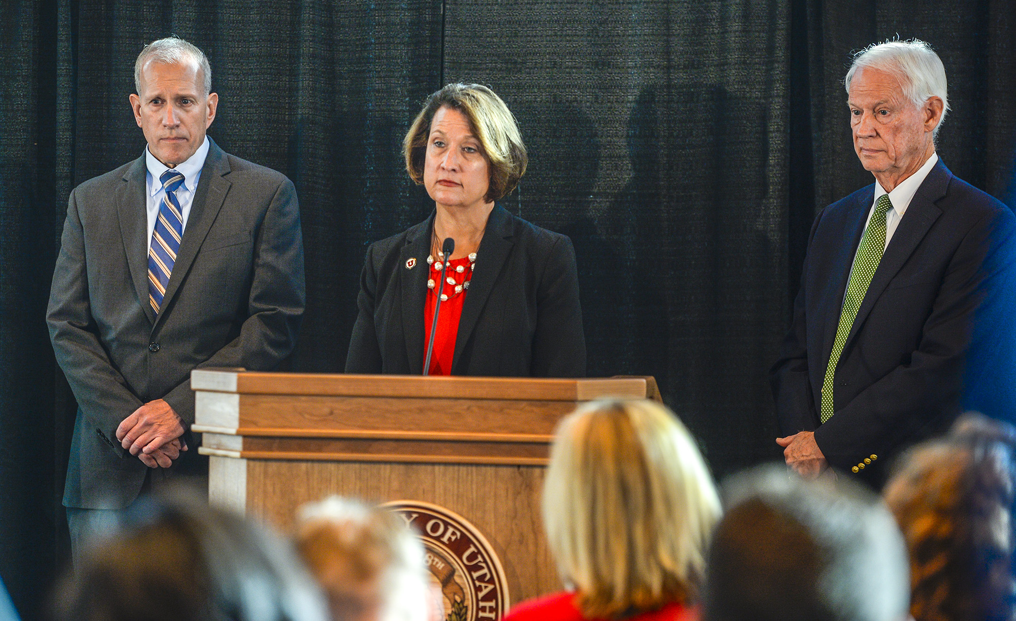 ( Leah Hogsten | The Salt Lake Tribune ) University of Utah President Ruth Watkins announced Friday that an independent team will investigate the response to Lauren McCluskey's reports to campus police before her slaying. Keith D. Squires, left, and retired attorney John T. Nielsen, right, are two of the team members; both previously led the Utah Department of Public Safety. 