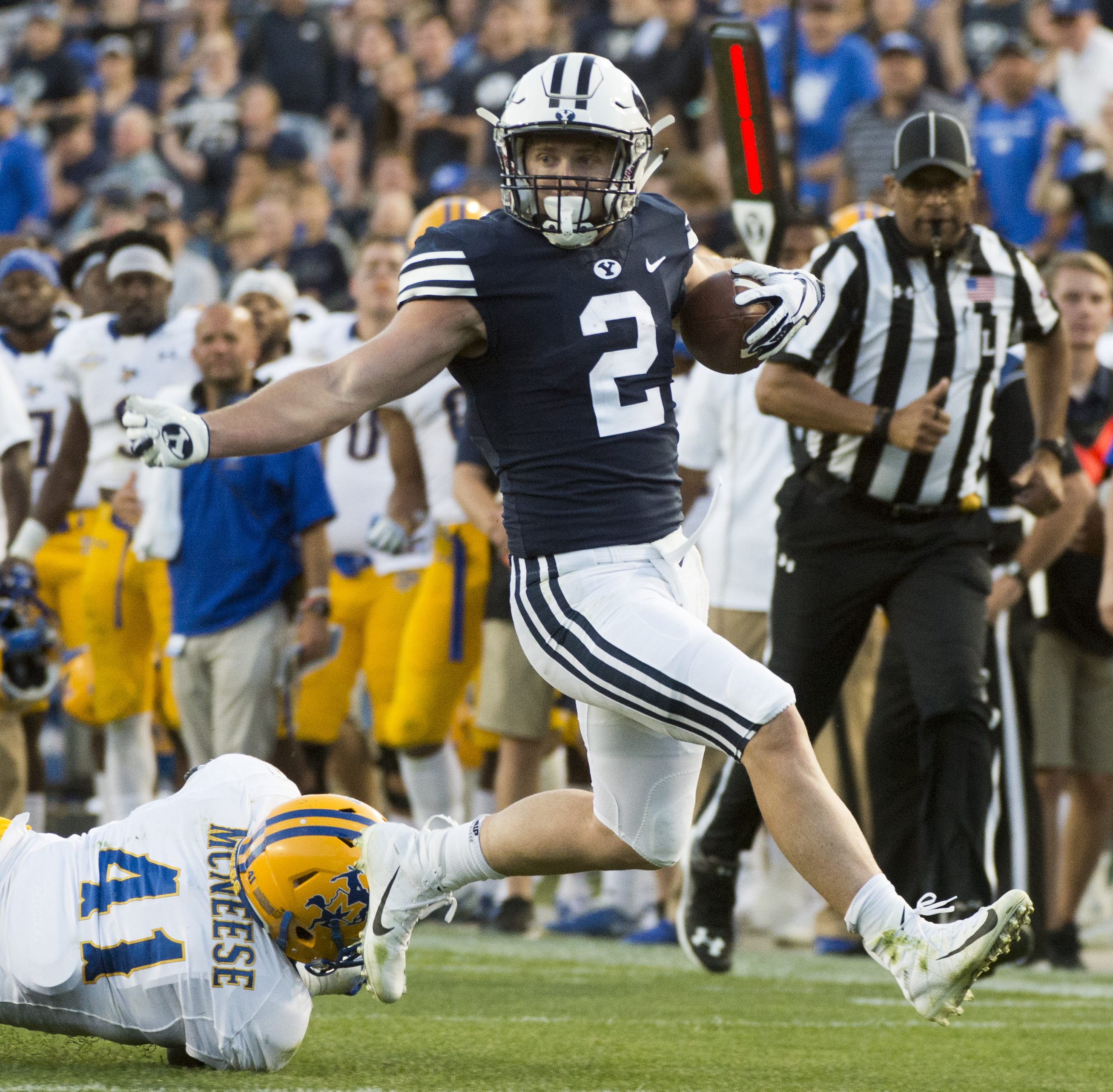 (Rick Egan | The Salt Lake Tribune) Brigham Young running back Matt Hadley (2) runs the ball for the Cougars, in football action Brigham Young Cougars vs McNeese State Cowboys at Lavell Edwards Stadium, Saturday, Sept. 22, 2018. 