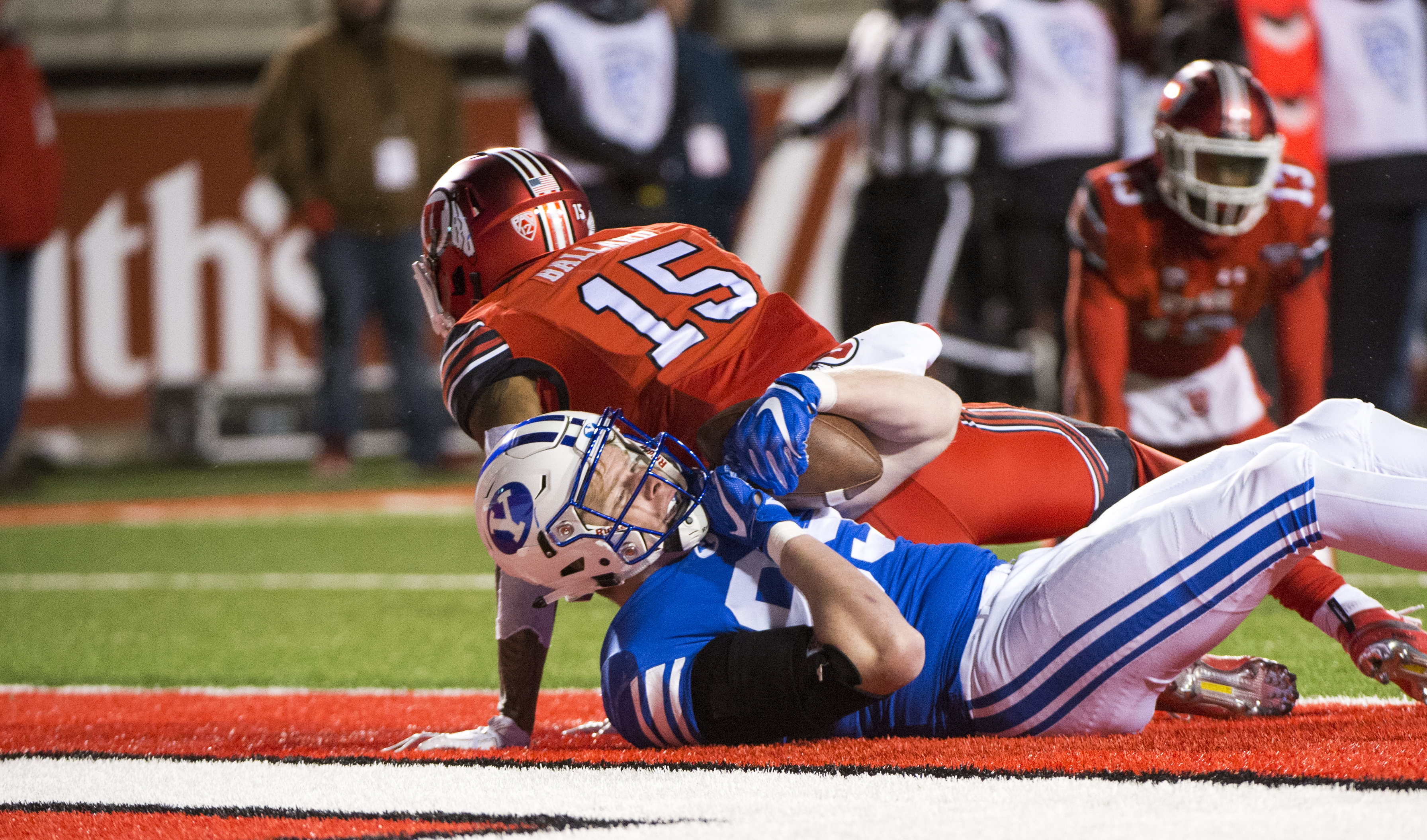 (Rick Egan | The Salt Lake Tribune) Brigham Young tight end Matt Bushman (89) lands in the end zone for a Cougar touchdown, in football action between the Brigham Young Cougars and the Utah Utes, at Rice-Eccles Stadium, Saturday, November 24, 2018. 