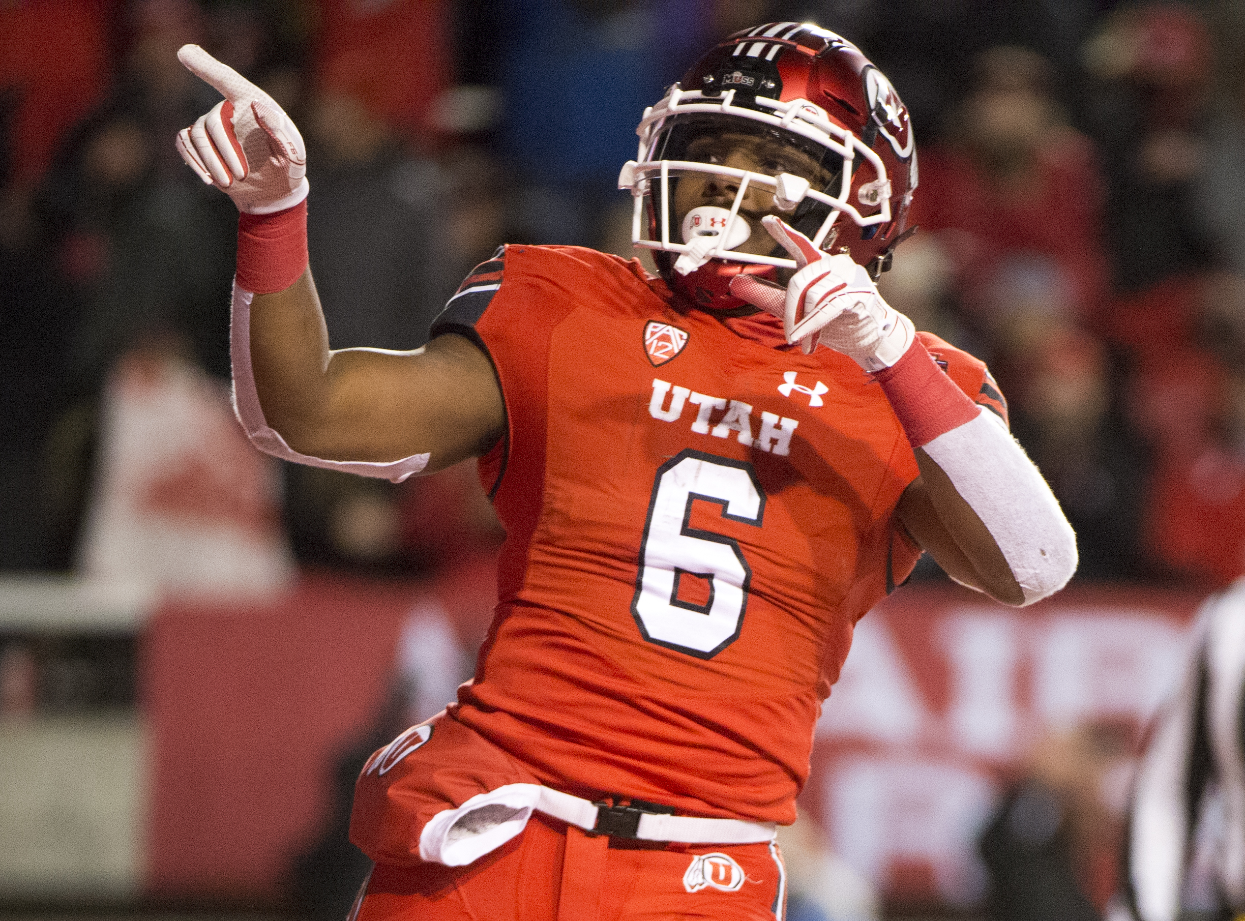 (Rick Egan | The Salt Lake Tribune) Utah Utes running back Armand Shyne (6) celebrates after scoring a touchdown late in the 4th quarter, tying the score at 27-27, in football action between the Brigham Young Cougars and the Utah Utes, at Rice-Eccles Stadium, Saturday, November 24, 2018. 
