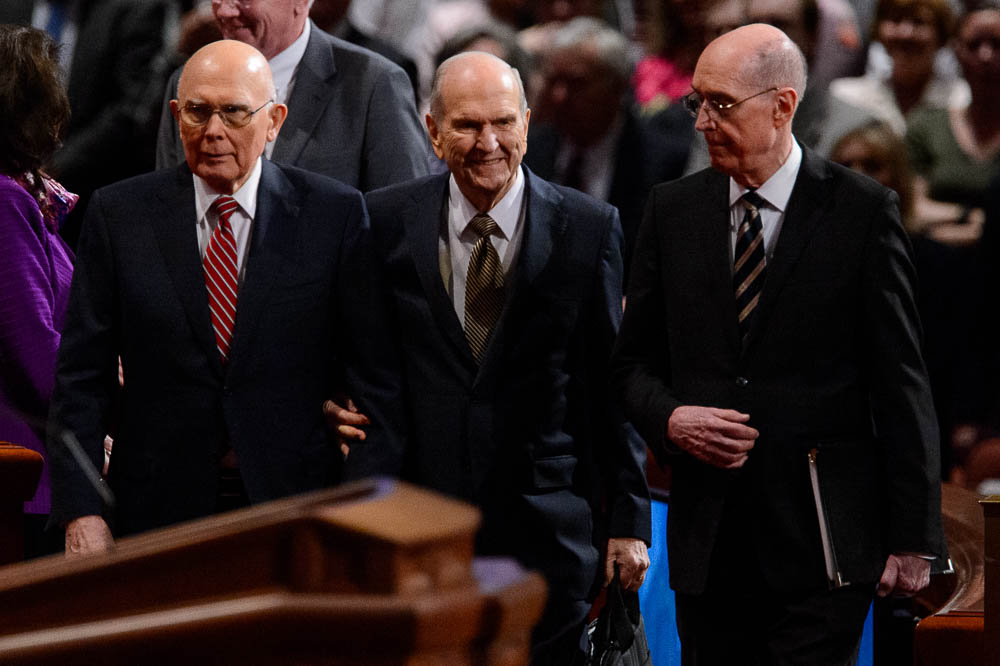 (Trent Nelson | The Salt Lake Tribune) President Dallin H. Oaks, President Russell M. Nelson, and President Henry B. Eyring arrive at the afternoon session of the189th Annual General Conference of The Church of Jesus Christ of Latter-day Saints in Salt Lake City on Sunday April 7, 2019.