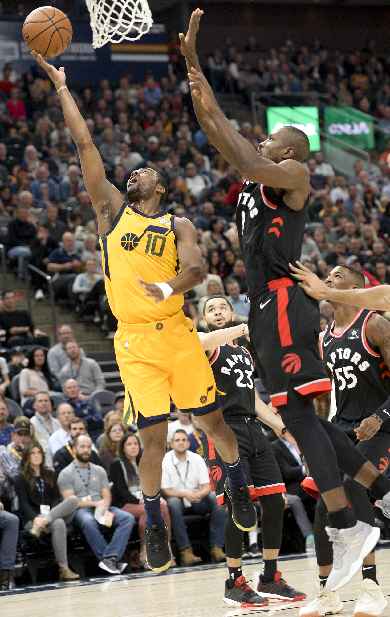 Leah Hogsten | The Salt Lake Tribune Utah Jazz guard Alec Burks (10) hits the net as the Utah Jazz host the Toronto Raptors, Monday, Nov. 5, 2018 at Vivant Smart Home Arena.