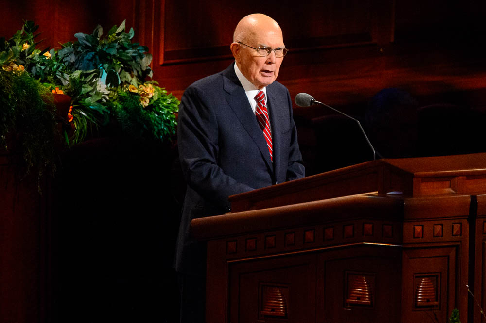 (Trent Nelson | The Salt Lake Tribune) President Dallin H. Oaks speaks during the afternoon session of the189th Annual General Conference of The Church of Jesus Christ of Latter-day Saints in Salt Lake City on Sunday April 7, 2019.