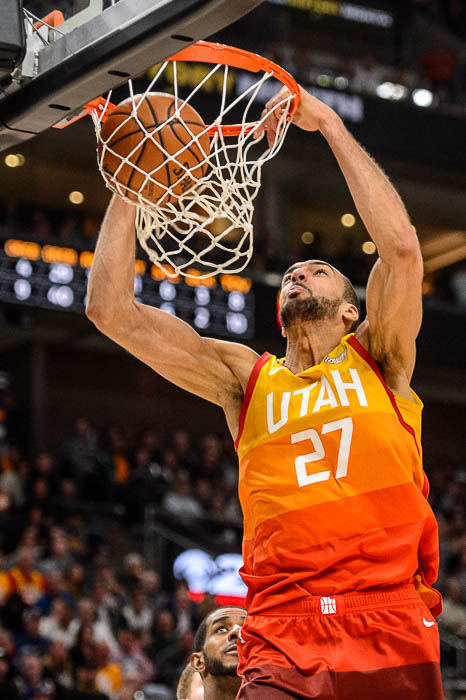 (Trent Nelson | The Salt Lake Tribune) Utah Jazz center Rudy Gobert (27) dunks as the Utah Jazz host the San Antonio Spurs, NBA basketball in Salt Lake City on Saturday Feb. 9, 2019.