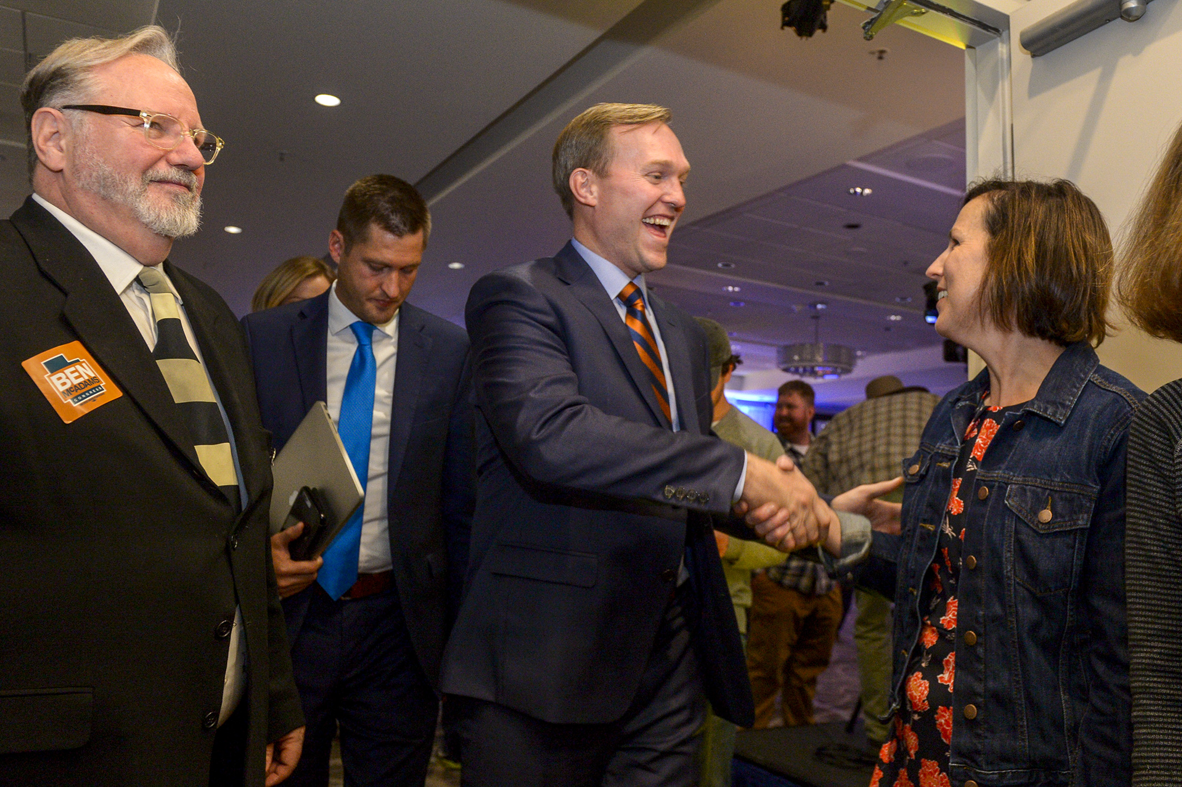 (Leah Hogsten | Tribune file photo) Utah's 4th Congressional District Democratic challenger, Salt Lake County Mayor Ben McAdams is congratulated on a race too close to call at the Utah Democratic election night headquarters at the Radisson Hotel Salt Lake City, Tuesday, Nov. 6, 2018. After two weeks of counting, McAdams was declared the winner over Republican Rep. Mia Love.
