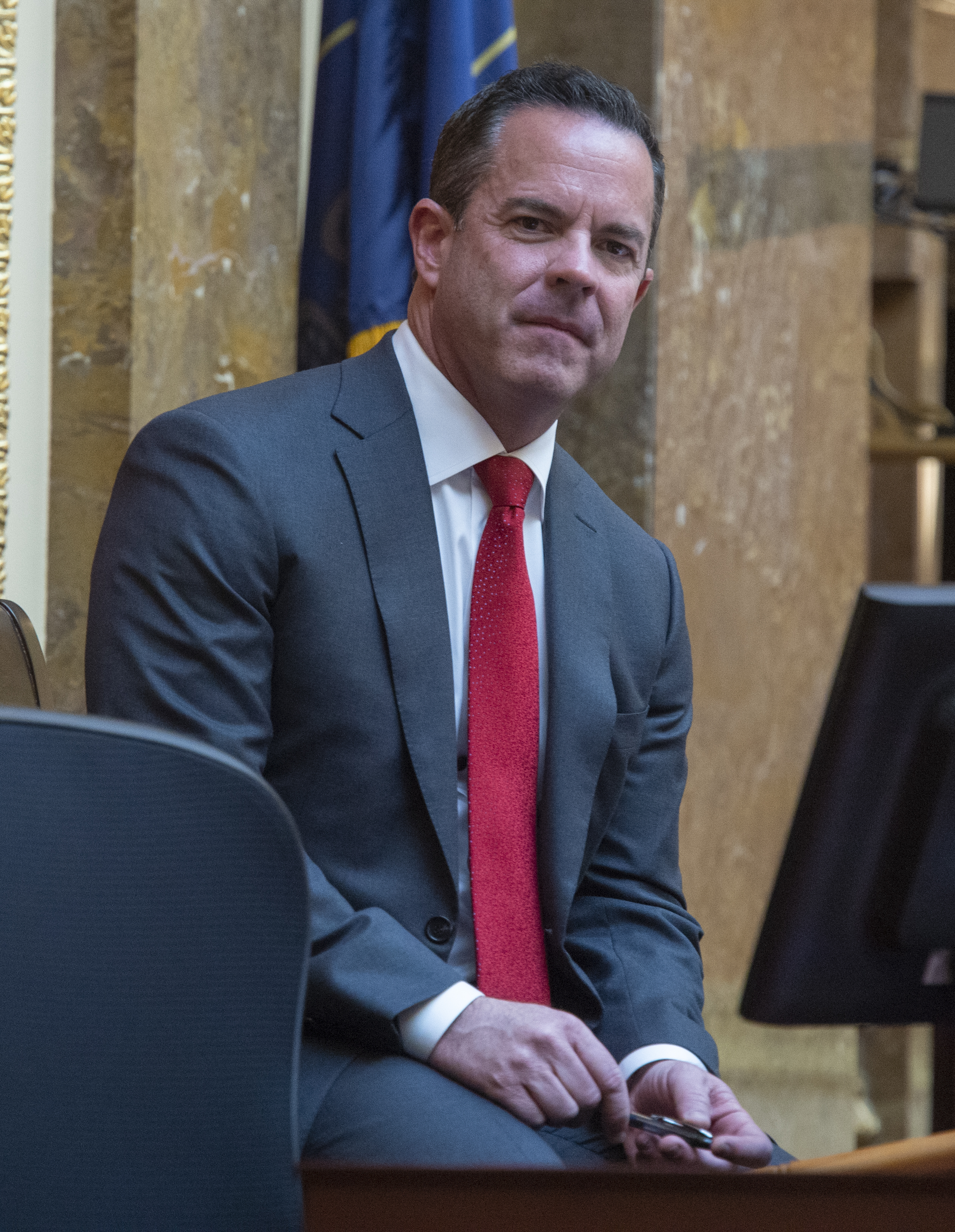 (Rick Egan | The Salt Lake Tribune) New House Speaker Brad Wilson listens as Matthew B. Durrant, Chief Justice of the Utah Supreme Court and Chair of the Utah Judicial Council, gives his State of the Judiciary Address in the House of Representatives, Monday, Jan. 28, 2019. 
