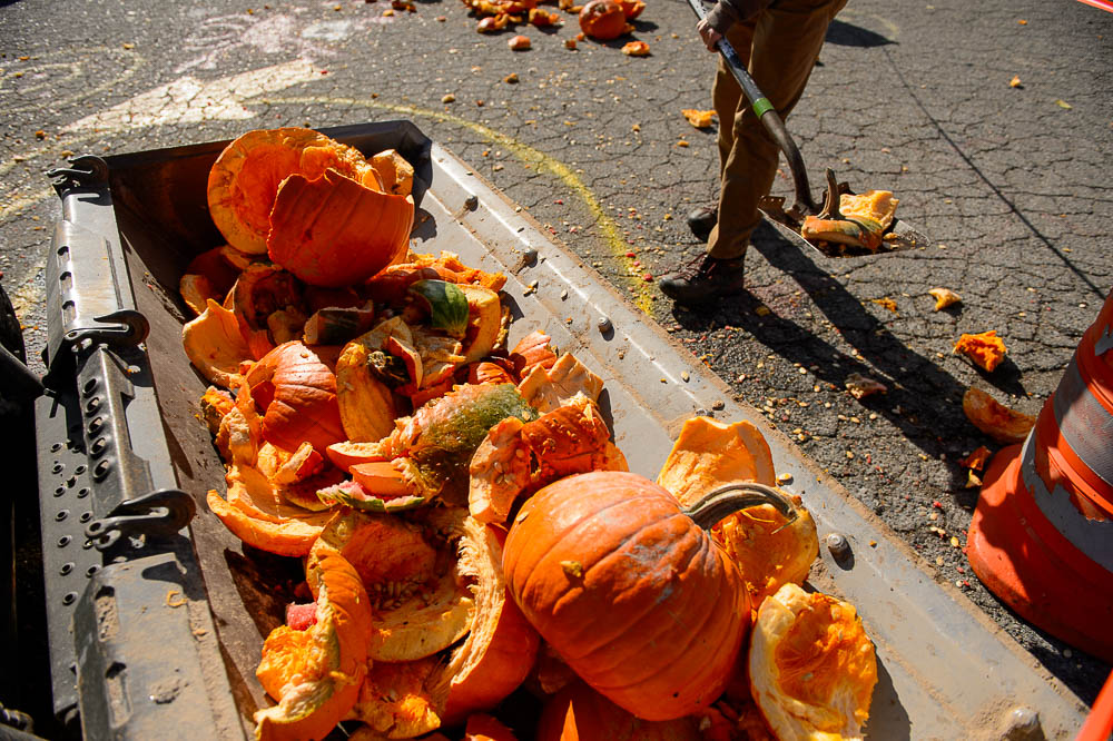 (Trent Nelson | The Salt Lake Tribune) Destroyed pumpkins at Glover Nursery in West Jordan on Saturday Nov. 3, 2018. The nursery held its annual pumpkin smash and food drive, dropping pumpkins from a cherry picker and collecting donations for the needy.