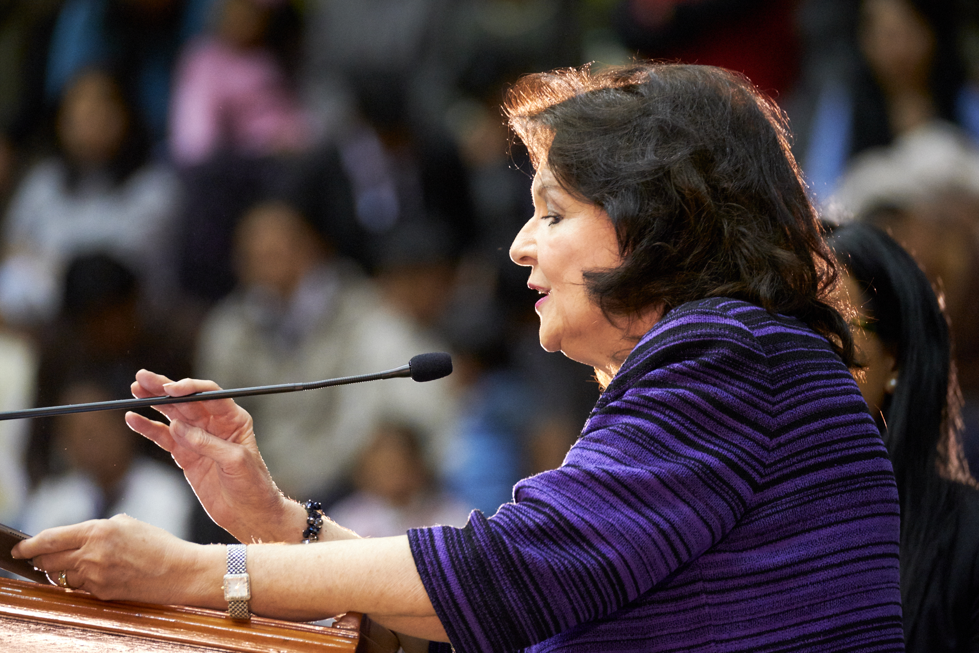 (Courtesy photo | The Church of Jesus Christ of Latter-day Saints) Wendy Nelson, wife of President Russell M. Nelson, speaks to Latter-day Saints in Bolivia during the Oct. 21, 2018, devotional.