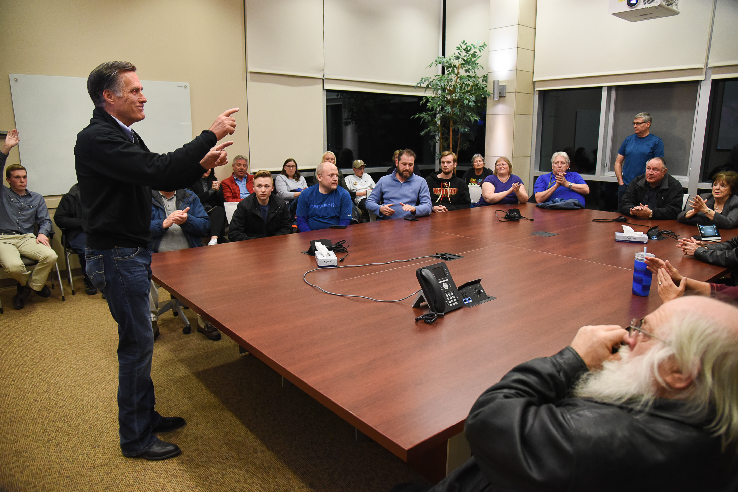 (Francisco Kjolseth | The Salt Lake Tribune) U.S. Senator Mitt Romney visits some of the overflow rooms after holding a town hall meeting at the Davis County administration building, Tuesday, January 22, 2019, to hear from local residents.