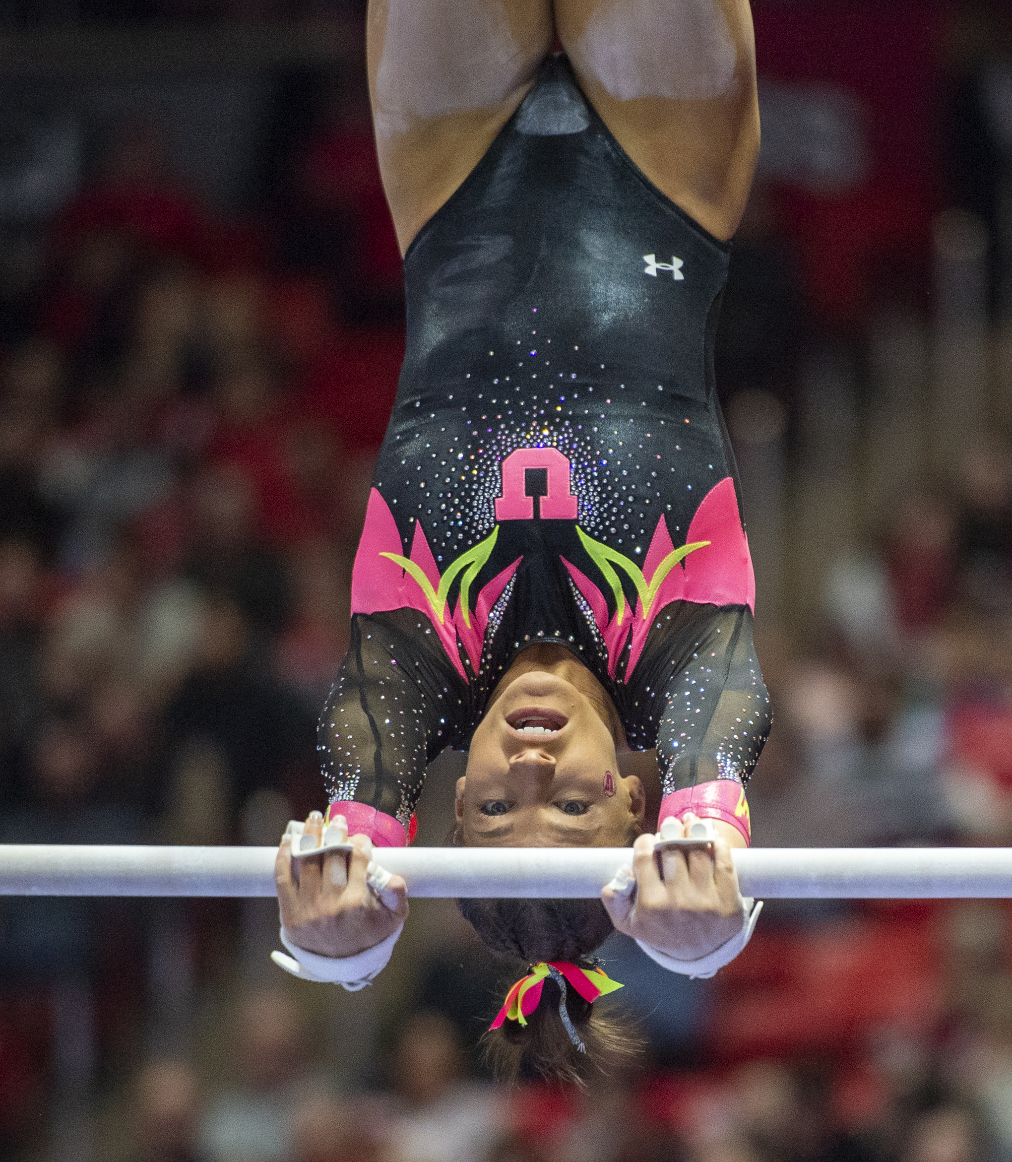 (Rick Egan | The Salt Lake Tribune) Missy Reinstadtler competes on the uneven bars, in PAC-12 Gymnastics action between the Utes and The California Golden Bears, in the Jon M. Huntsman Center, in Salt Lake City, Saturday, Feb. 9, 2019. 