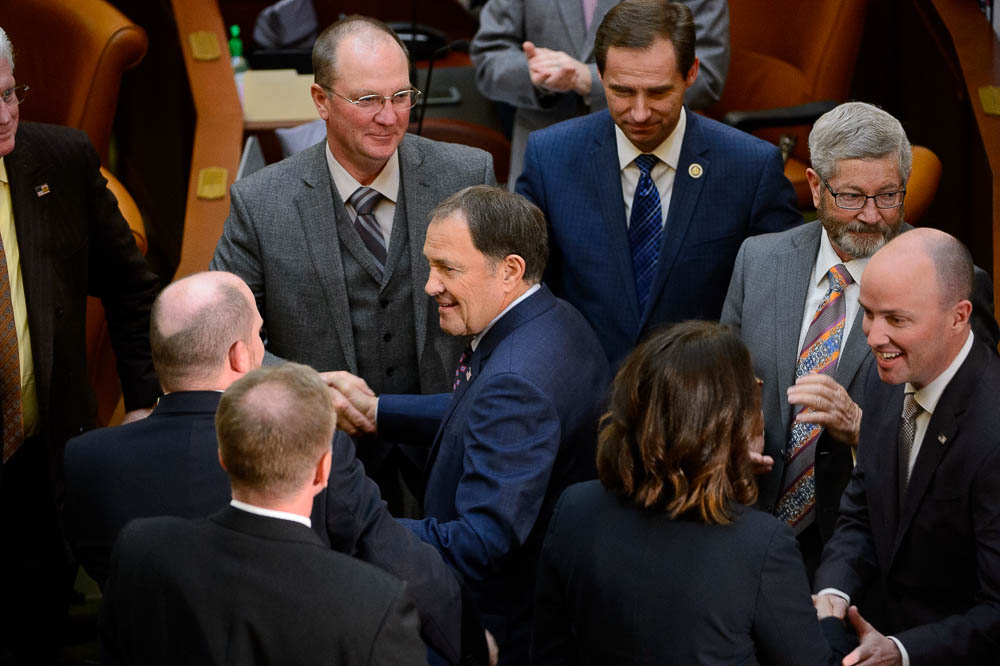 (Trent Nelson | The Salt Lake Tribune) Governor Gary Herbert shakes hands with lawmakers before delivering his State of the State address at the Utah Capitol in Salt Lake City on Wednesday Jan. 30, 2019.