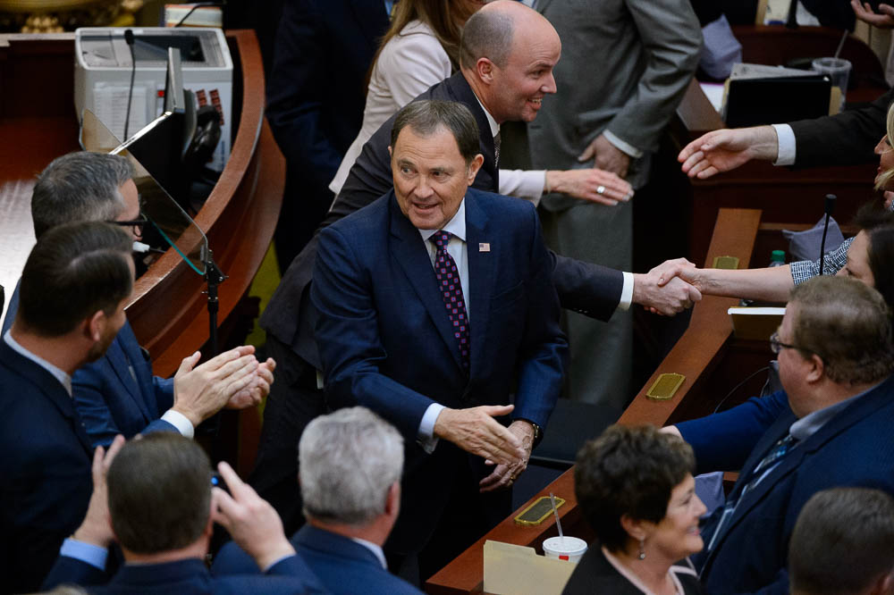 (Trent Nelson | The Salt Lake Tribune) Governor Gary Herbert shakes hands with lawmakers after delivering his State of the State address at the Utah Capitol in Salt Lake City on Wednesday Jan. 30, 2019. Behind Herbert is Lt. Gov. Spencer Cox.