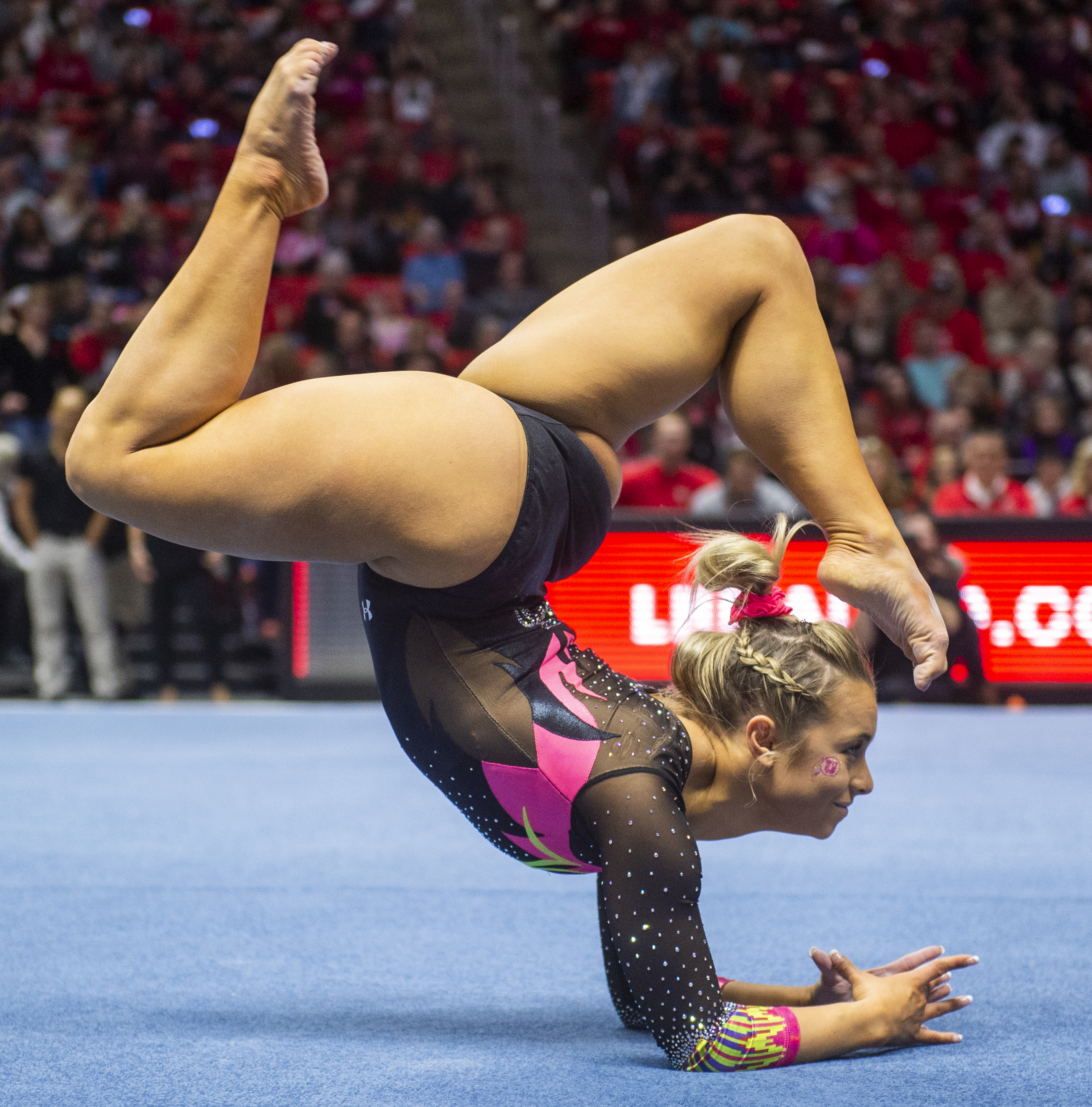 (Rick Egan | The Salt Lake Tribune) Sydney Soloski competes on the floor, in PAC-12 Gymnastics action between the Utes and The California Golden Bears, in the Jon M. Huntsman Center, in Salt Lake CIty, Saturday, Feb. 9, 2019. 