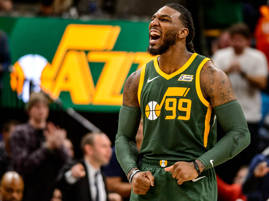 (Trent Nelson | The Salt Lake Tribune) Utah Jazz forward Jae Crowder (99) celebrates as the Utah Jazz host the Denver Nuggets, NBA basketball in Salt Lake City on Wednesday Jan. 23, 2019.