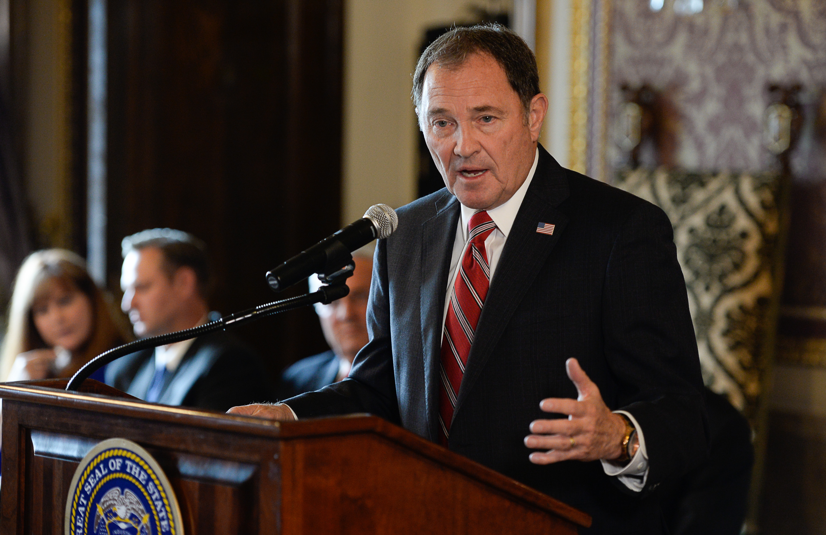 (Francisco Kjolseth | The Salt Lake Tribune) Utah Gov. Gary Herbert and legislative leaders Thursday, Oct. 4, 2018.