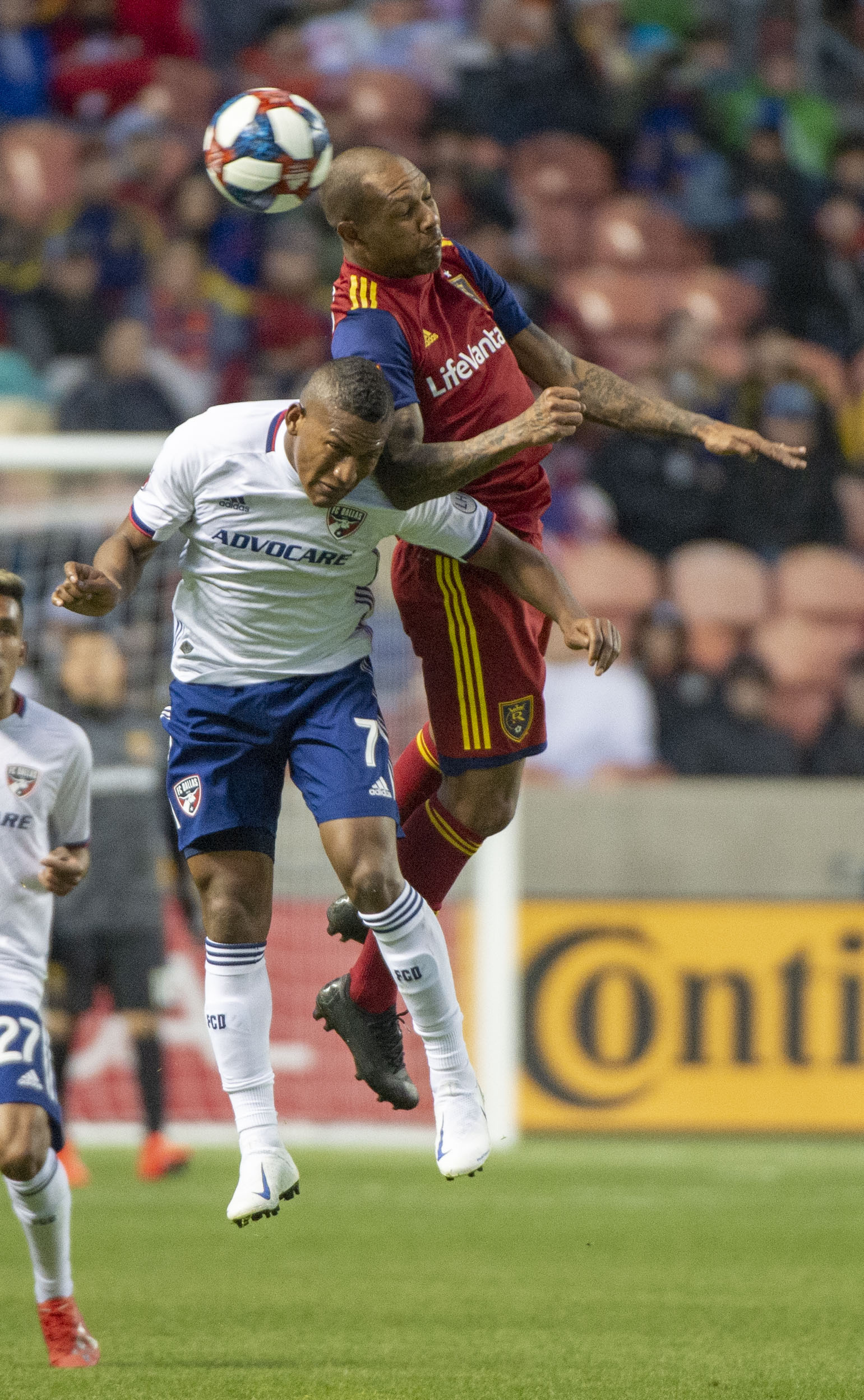 (Rick Egan | The Salt Lake Tribune) FC Dallas midfielder Carlos Gruezo (7) and Real Salt Lake midfielder Everton Luiz (25) go for the ball, in MLS action between Real Salt Lake and FC Dallas, at Rio Tinto Stadium, Saturday, March 30, 2019. 