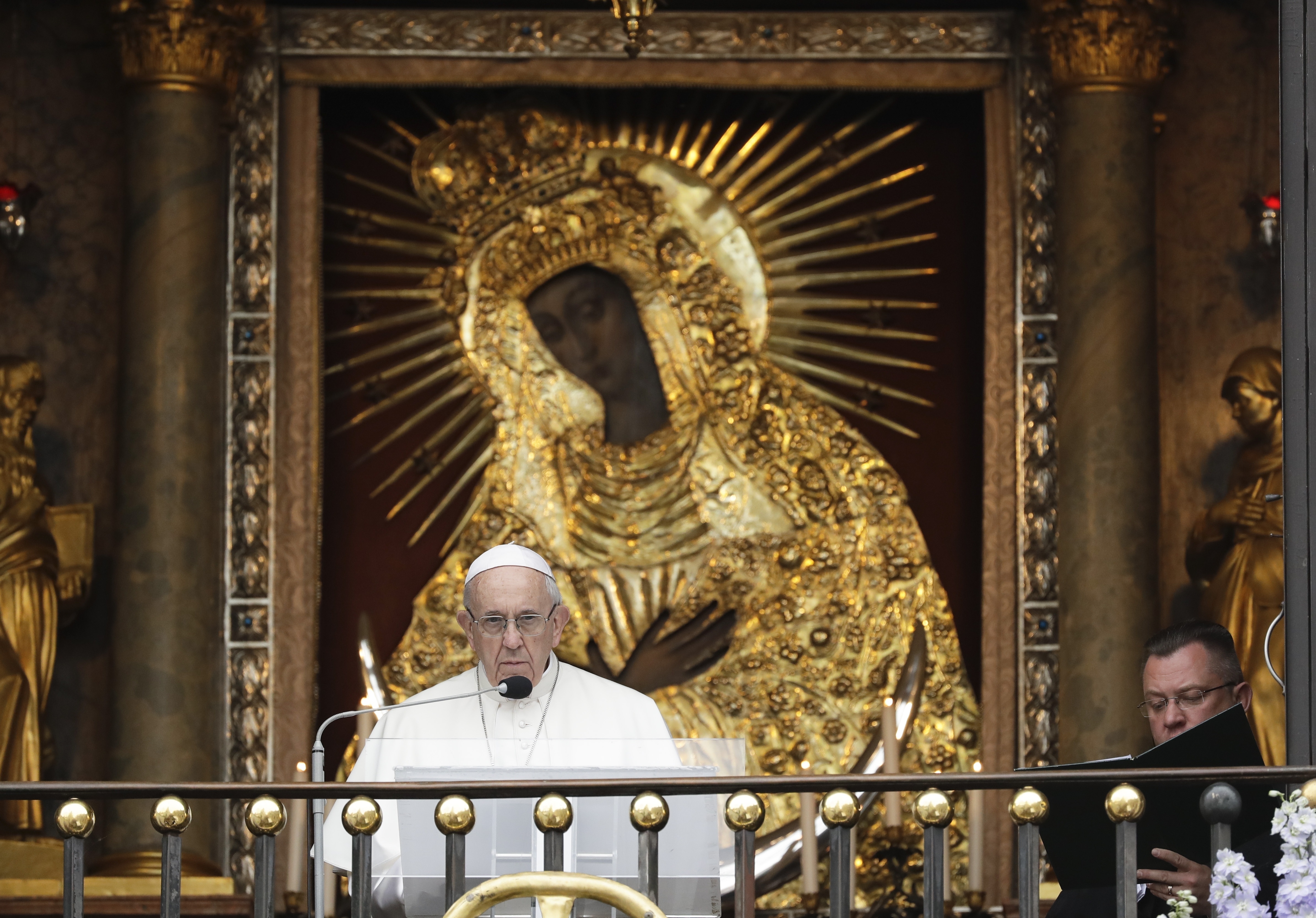 (Andrew Medichini | AP Photo) Pope Francis speaks during his visit to the Mater Misericordiae Shrine in Vilnius, Lithuania, Saturday, Sept. 22, 2018. Pope Francis begins a four-day visit to the Baltics amid renewed alarm about Moscow's intentions in the region it has twice occupied