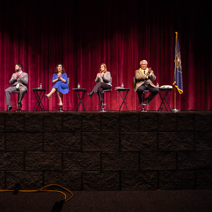 (Trent Nelson | The Salt Lake Tribune) The four candidates for Salt Lake County mayor face off in a debate at Jordan High School in Sandy on Thursday Jan. 24, 2019. From left, Arlyn Bradshaw, Shireen Ghorbani, Jenny Wilson, and Stone Fonua.