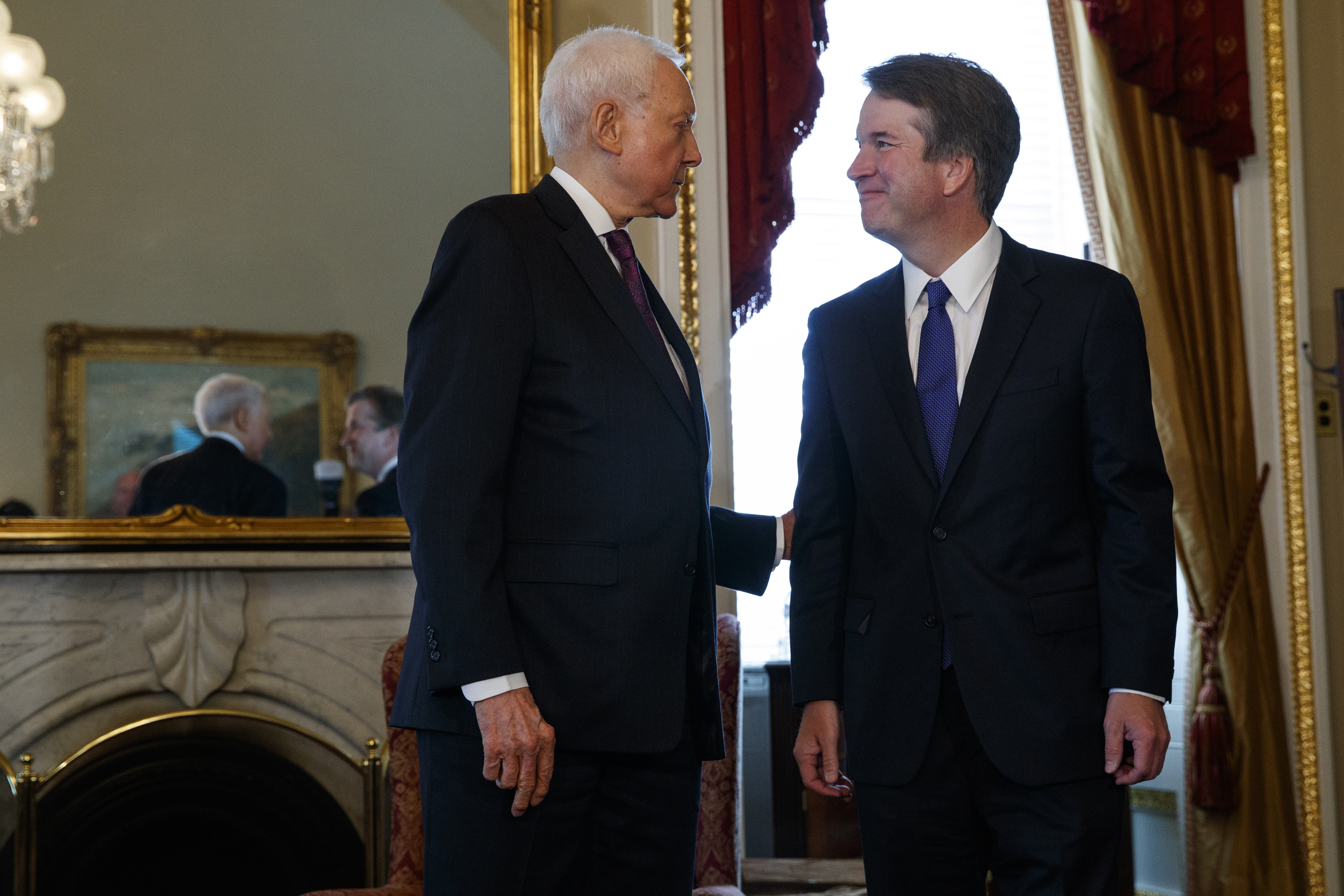 Supreme Court nominee Brett Kavanaugh, right, meets with Sen. Orrin Hatch, R-Utah, on Capitol Hill, Wednesday, July 11, 2018, in Washington. (AP Photo/Evan Vucci)