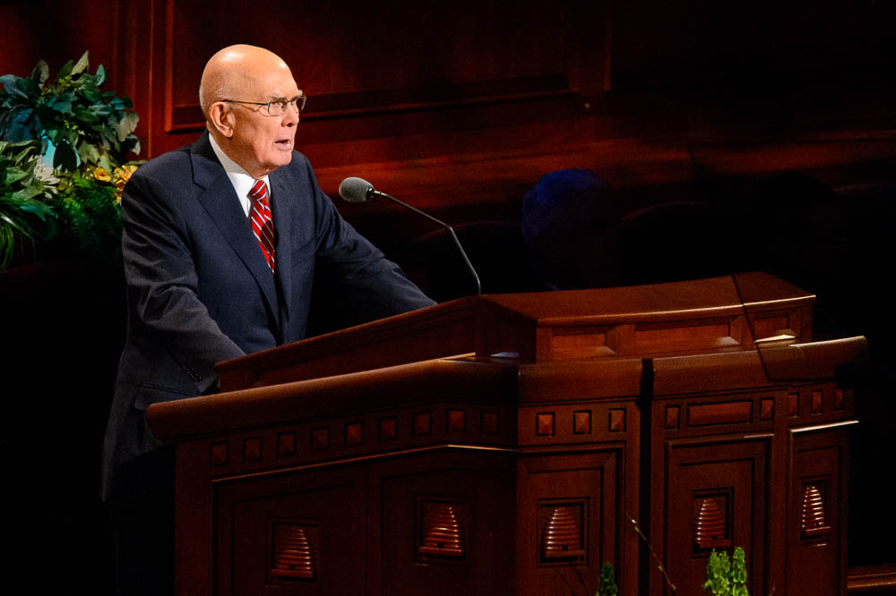 (Trent Nelson | The Salt Lake Tribune) President Dallin H. Oaks speaks during the afternoon session of the189th Annual General Conference of The Church of Jesus Christ of Latter-day Saints in Salt Lake City on Sunday April 7, 2019.