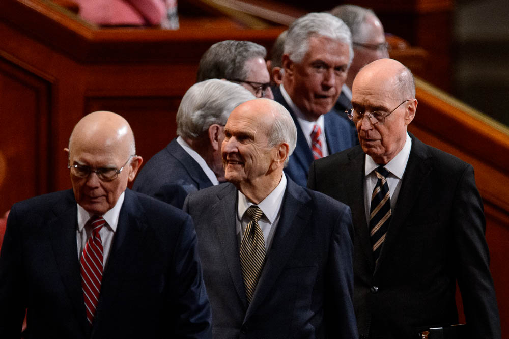 (Trent Nelson | The Salt Lake Tribune) President Dallin H. Oaks, President Russell M. Nelson, and President Henry B. Eyring arrive at the afternoon session of the189th Annual General Conference of The Church of Jesus Christ of Latter-day Saints in Salt Lake City on Sunday April 7, 2019.