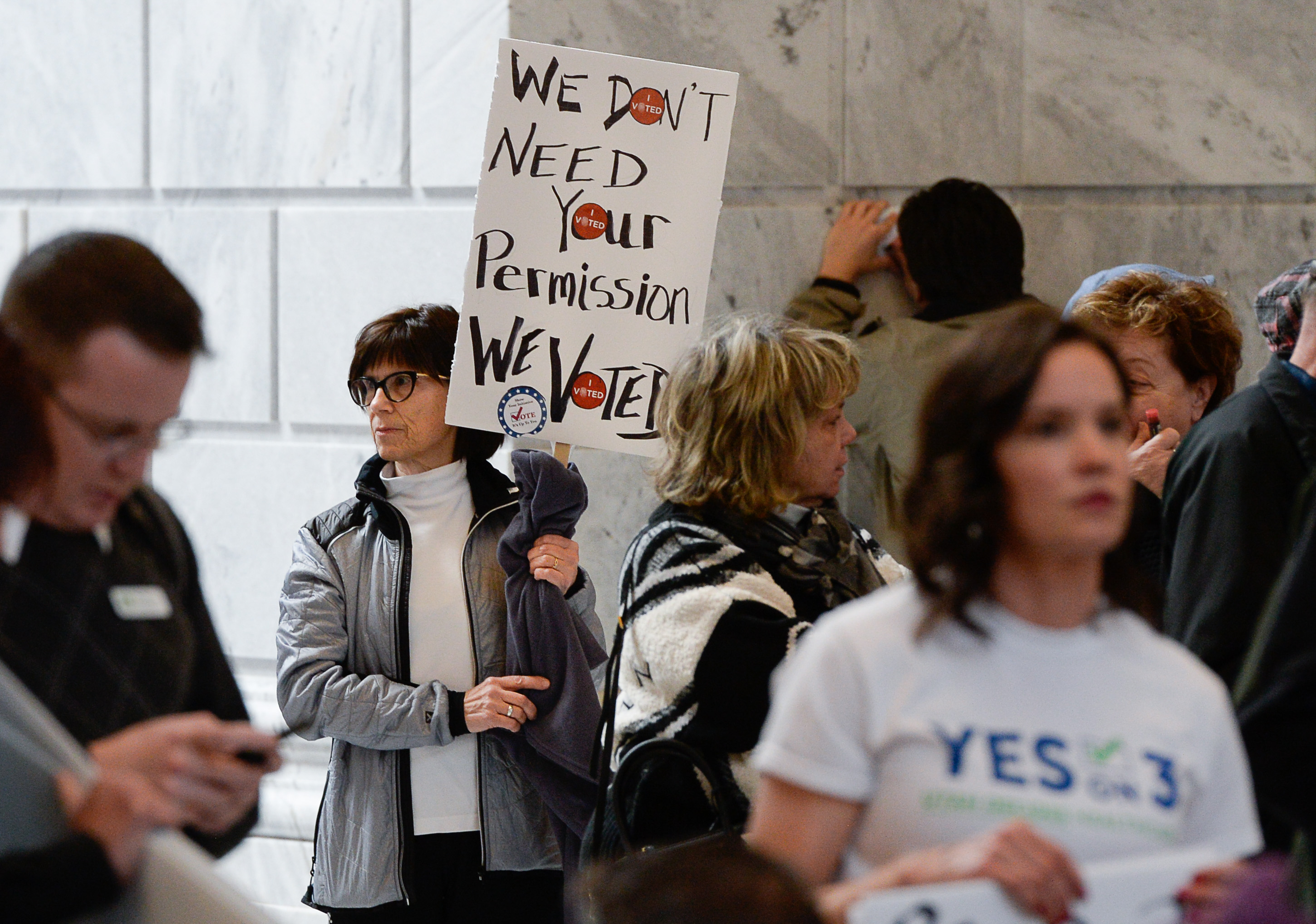 (Francisco Kjolseth | The Salt Lake Tribune) Kathy Adams joins over 300 demonstrators in the Capitol rotunda on Monday, Jan, 28, 2019, on the first day of the Legislative session to rally in support of protecting Proposition 3, the Medicaid Expansion law recently passed by voters.