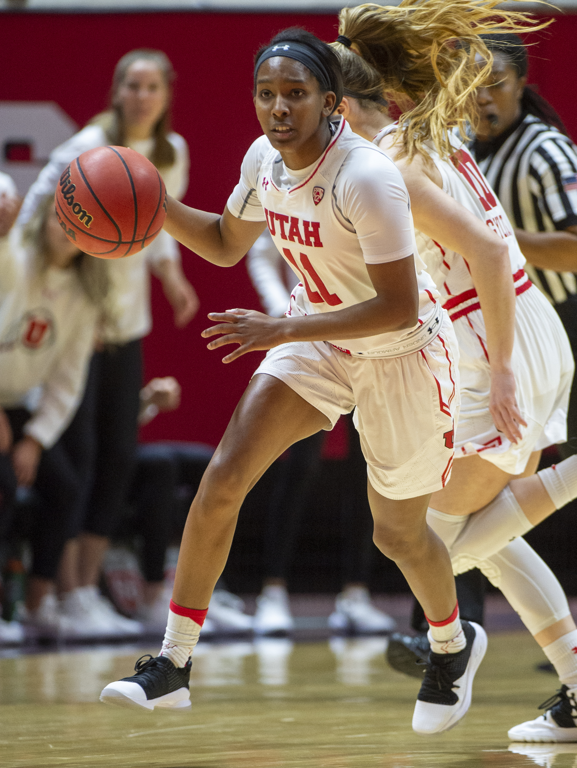 (Rick Egan | The Salt Lake Tribune) Utah guard Erika Bean (11) leads a fast break for the Utes, in PAC-12 action between the Utah Utes and the Stanford Cardinals at the Jon M. Huntsman Center. Sunday, Jan. 27, 2019. 