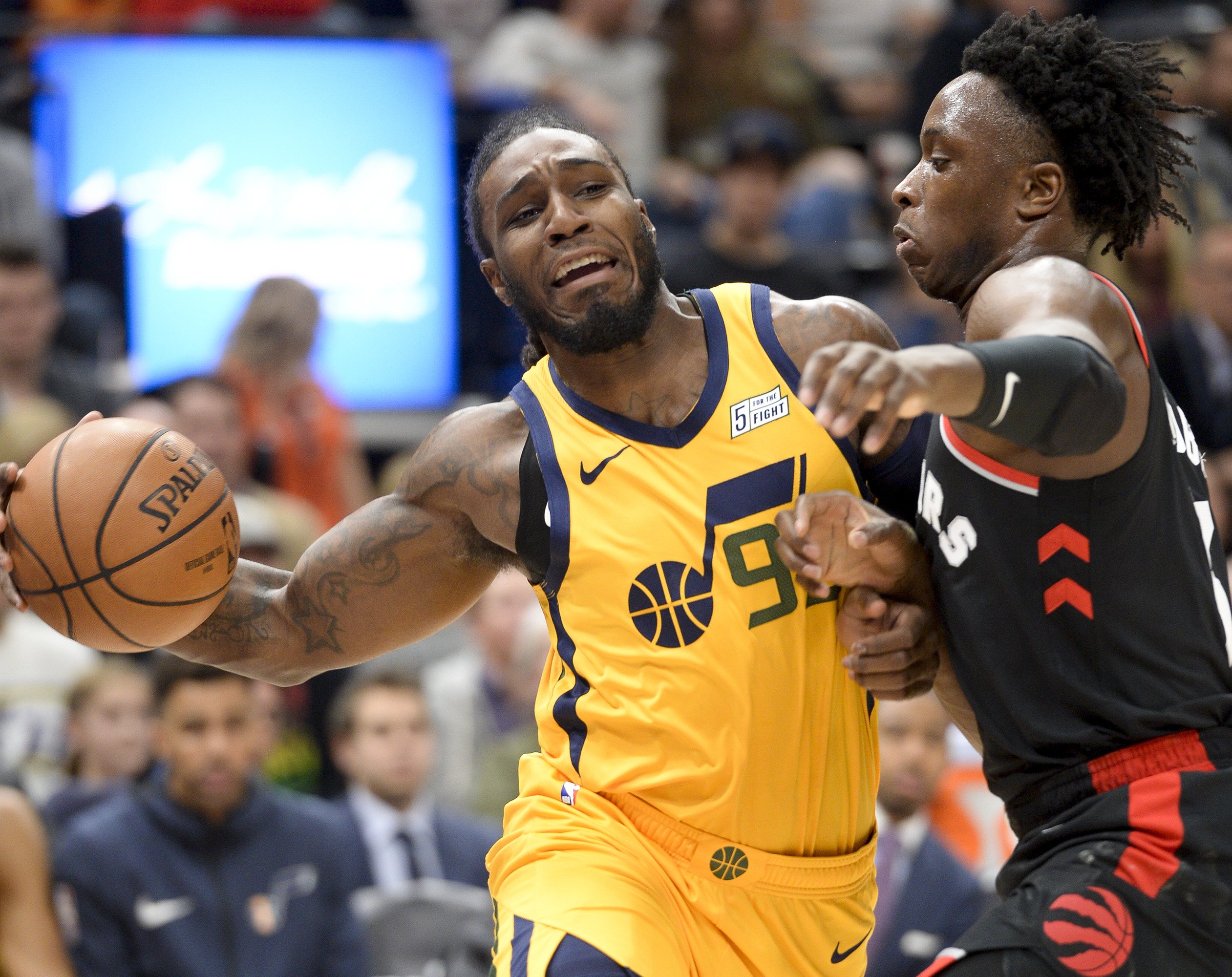 Leah Hogsten | The Salt Lake Tribune Utah Jazz forward Jae Crowder (99) battles Toronto Raptors forward OG Anunoby (3) as the Utah Jazz host the Toronto Raptors, Monday, Nov. 5, 2018 at Vivant Smart Home Arena.