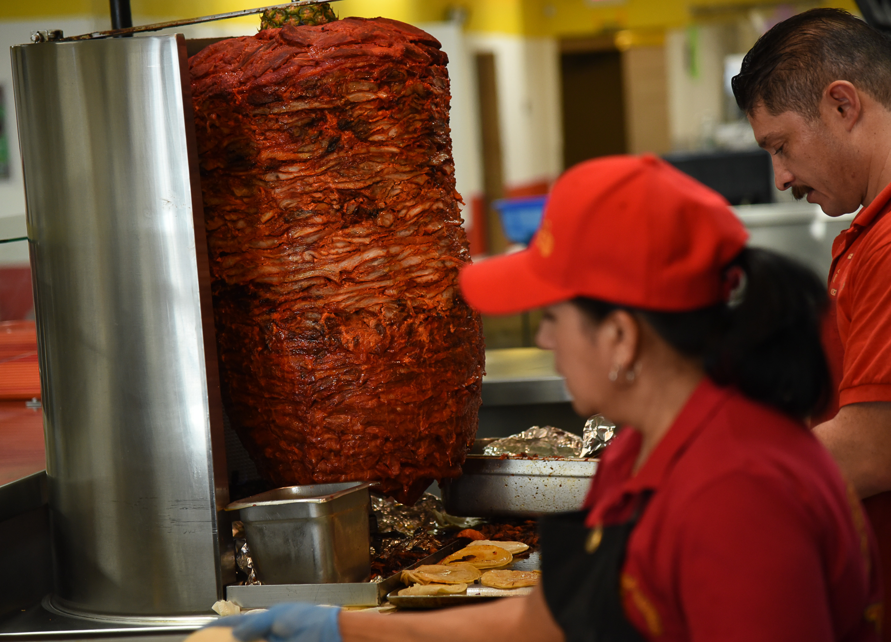 (Francisco Kjolseth | The Salt Lake Tribune) Tacos al pastor, a seasoned spit-grilled pork meat is the most popular offering at Tacos Mi Caramelo, a late-night taqueria that is open until 2 a.m. most nights and 24-hours a day on Friday and Saturday in West Valley City.