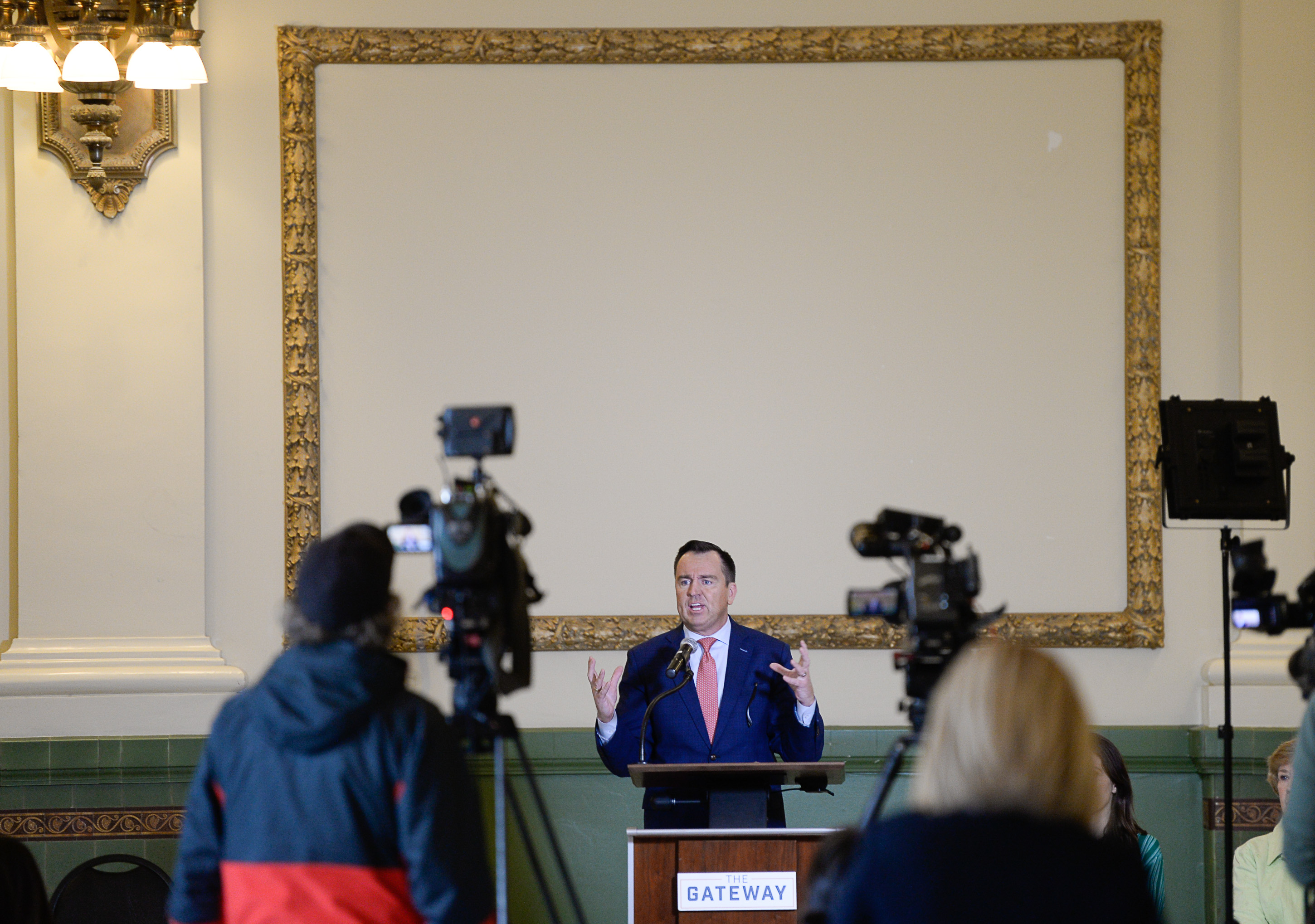 (Francisco Kjolseth | The Salt Lake Tribune) Greg Hughes, former Speaker of the House joins other community leaders to relay new reports claiming that The Gateway and the Rio Grande area of downtown Salt Lake City has seen a "dramatic decrease" in crime. Gathered in the Grand Hall at The Gateway, on Tuesday, April 2, 2019, the 1.4 million square foot lifestyle destination is owned and managed by Vestar, as it goes through a $100 million redevelopment. 