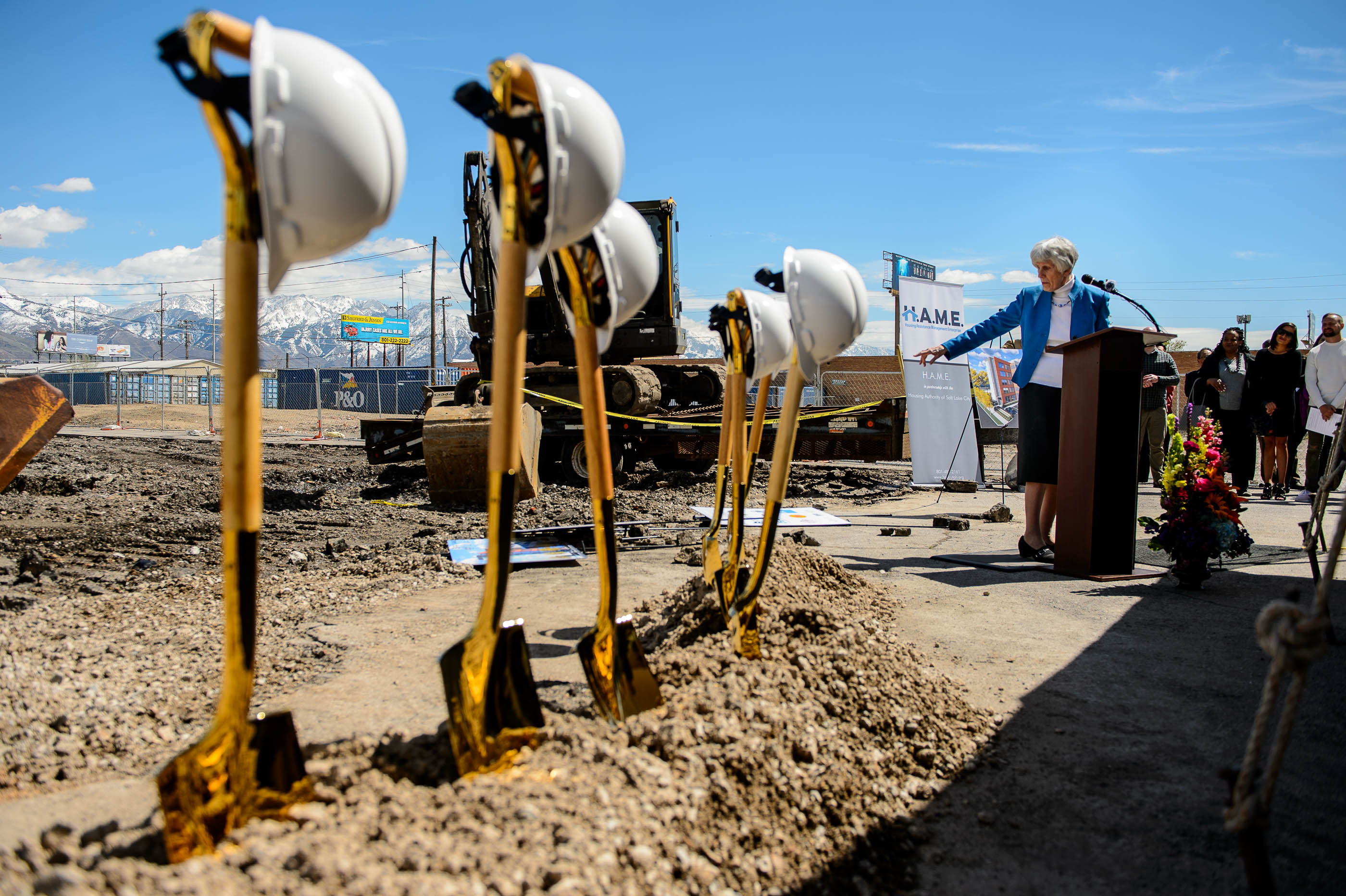 (Trent Nelson | The Salt Lake Tribune) Pamela Atkinson speaks at the groundbreaking ceremony for Pamela's Place Apartments in Salt Lake City on Wednesday April 17, 2019. The development, named after Atkinson, a Utah-based humanitarian and advocate for people experiencing homelessness, will serve as a 100-unit permanent supportive housing complex by combining affordable housing assistance with voluntary support services to address the needs of chronically homeless people.