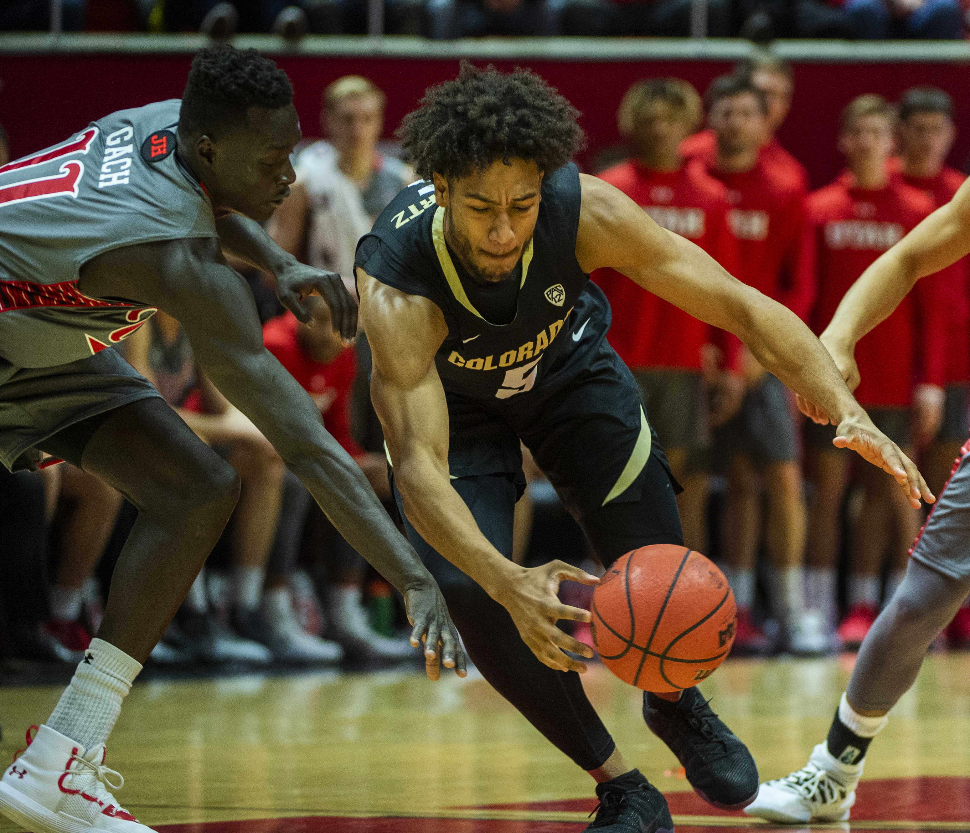 (Rick Egan | The Salt Lake Tribune) Utah Utes forward Both Gach (11) tips the ball away from Colorado Buffaloes guard D'Shawn Schwartz (5), in PAC-12 basketball action between the Utah Utes and the Colorado Buffaloes at the Jon M. Huntsman Center, Sunday, Jan. 20, 2019. 