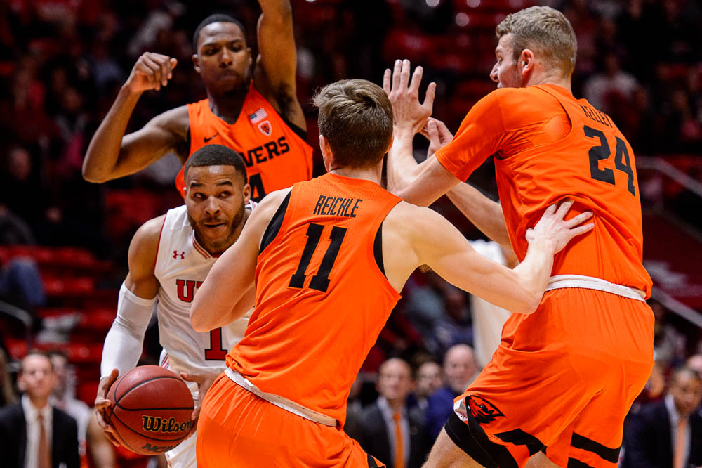 (Trent Nelson | The Salt Lake Tribune) Utah Utes guard Charles Jones Jr (1) as Utah hosts Oregon State, NCAA basketball in Salt Lake City on Saturday Feb. 2, 2019.