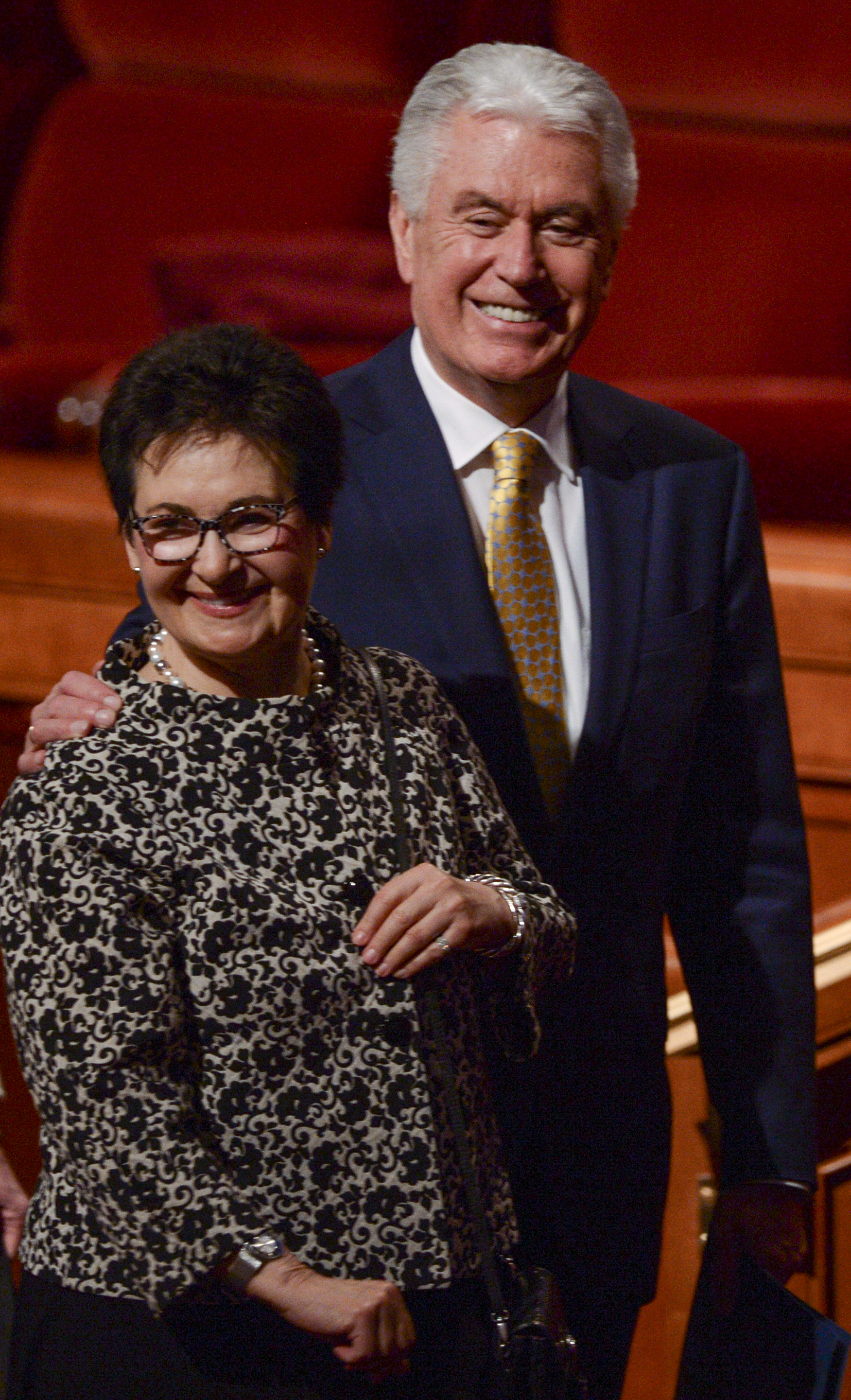 Leah Hogsten | The Salt Lake Tribune Elder Dieter Uchtdorf and his wife Harriet wave to the crowd at the close of the 189th Annual General Conference of The Church of Jesus Christ of Latter-day Saints, April 6, 2019 in Salt Lake City. 