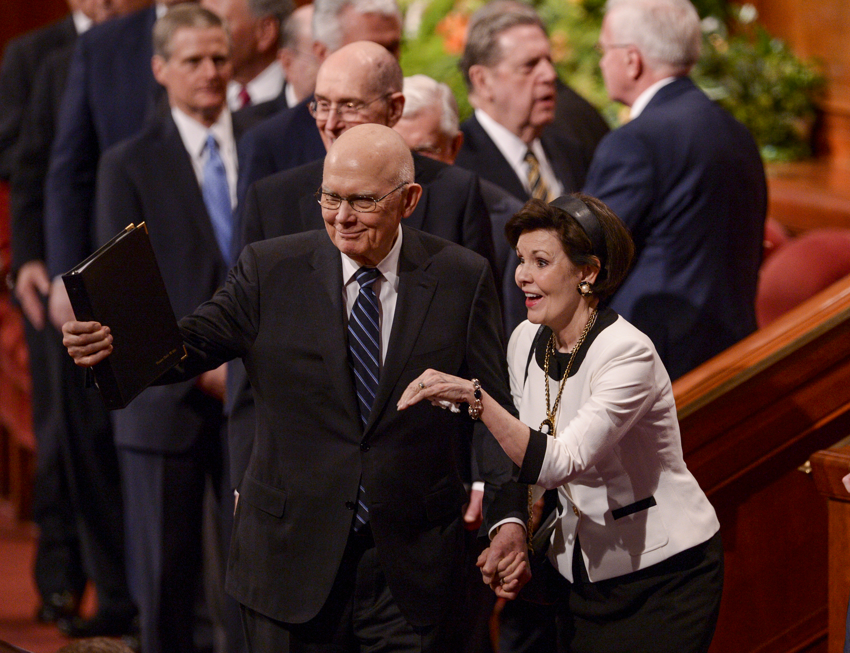 Leah Hogsten | The Salt Lake Tribune President Dallin H. Oaks, first counselor in the First Presidency and president of the Quorum of the Twelve Apostles, and his wife, Kristen wave to the crowd at the close of the 189th Annual General Conference of The Church of Jesus Christ of Latter-day Saints, April 6, 2019 in Salt Lake City. 