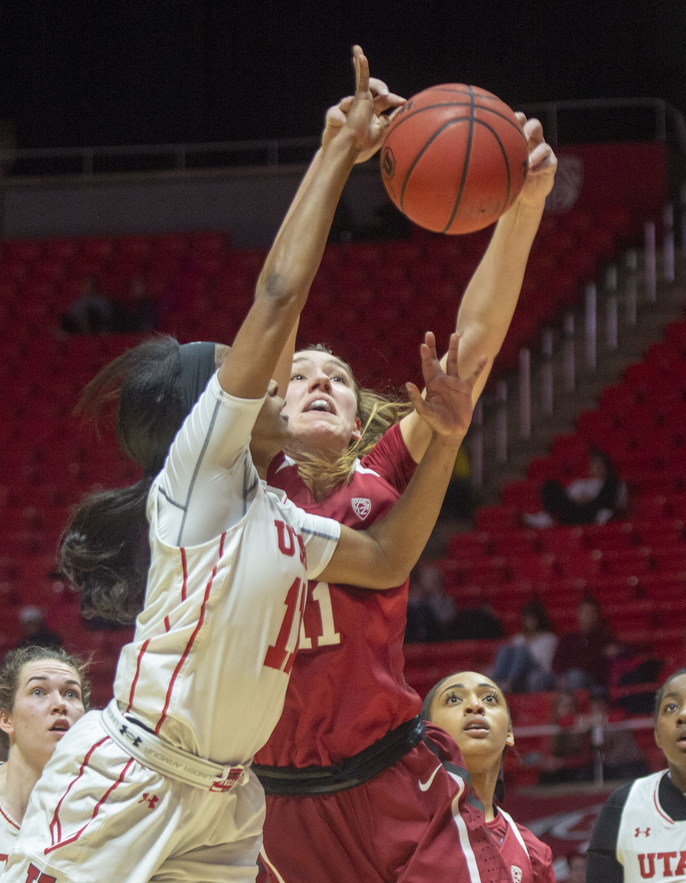 (Rick Egan | The Salt Lake Tribune) Utah Utah Utes guard Erika Bean (11) takes a shot as Stanford Cardinal forward Alanna Smith (11) defends, in PAC-12 action between the Utah Utes and the Stanford Cardinals at the Jon M. Huntsman Center. Sunday, Jan. 27, 2019. 