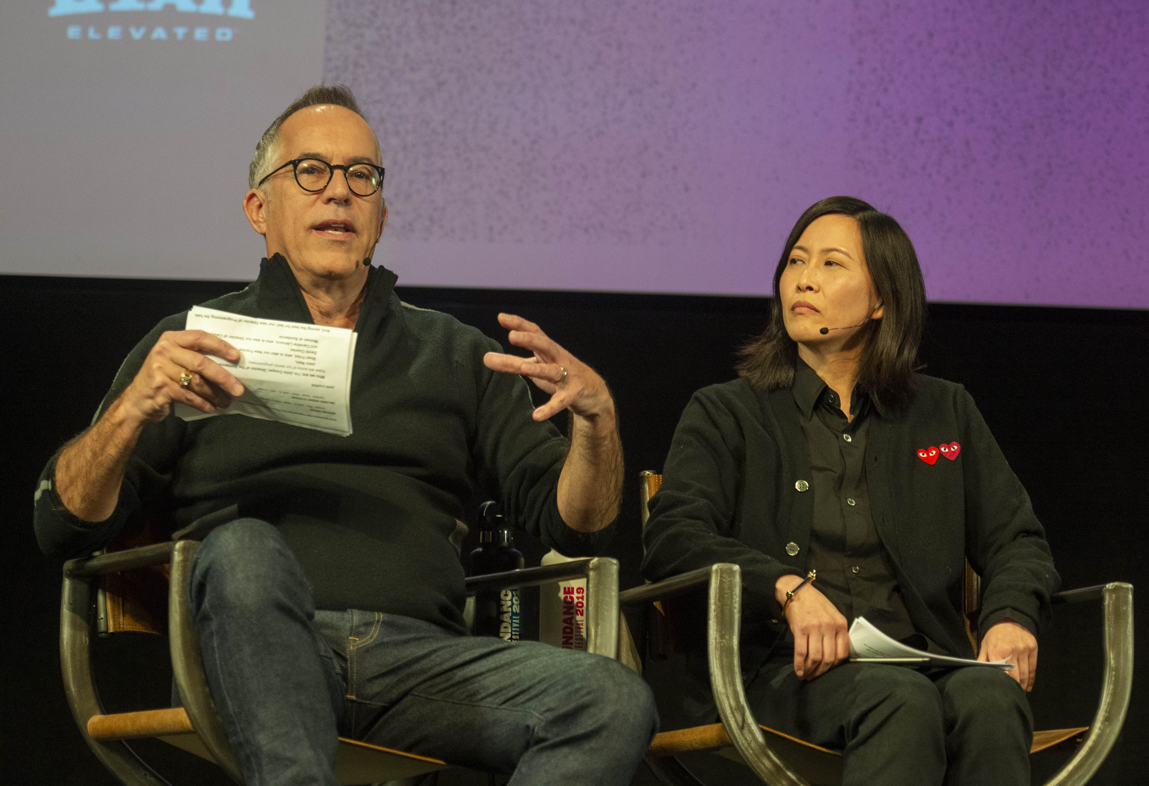 (Rick Egan | The Salt Lake Tribune) Jon Cooper, Director of the Sundance Film Festival, makes a comment as Kim Yutani, Director of Programming, listens at Sundance Senior Programmer discuss the films being screened this year, at the opening news conference for the 2019 Sundance Film Festival at the Egyptian Theatre in Park CIty, Thursday, Jan. 24, 2019. 