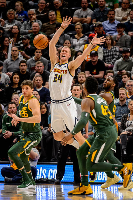 (Trent Nelson | The Salt Lake Tribune) Denver Nuggets forward Mason Plumlee (24) loses control of the ball as the Utah Jazz host the Denver Nuggets, NBA basketball in Salt Lake City on Wednesday Jan. 23, 2019.