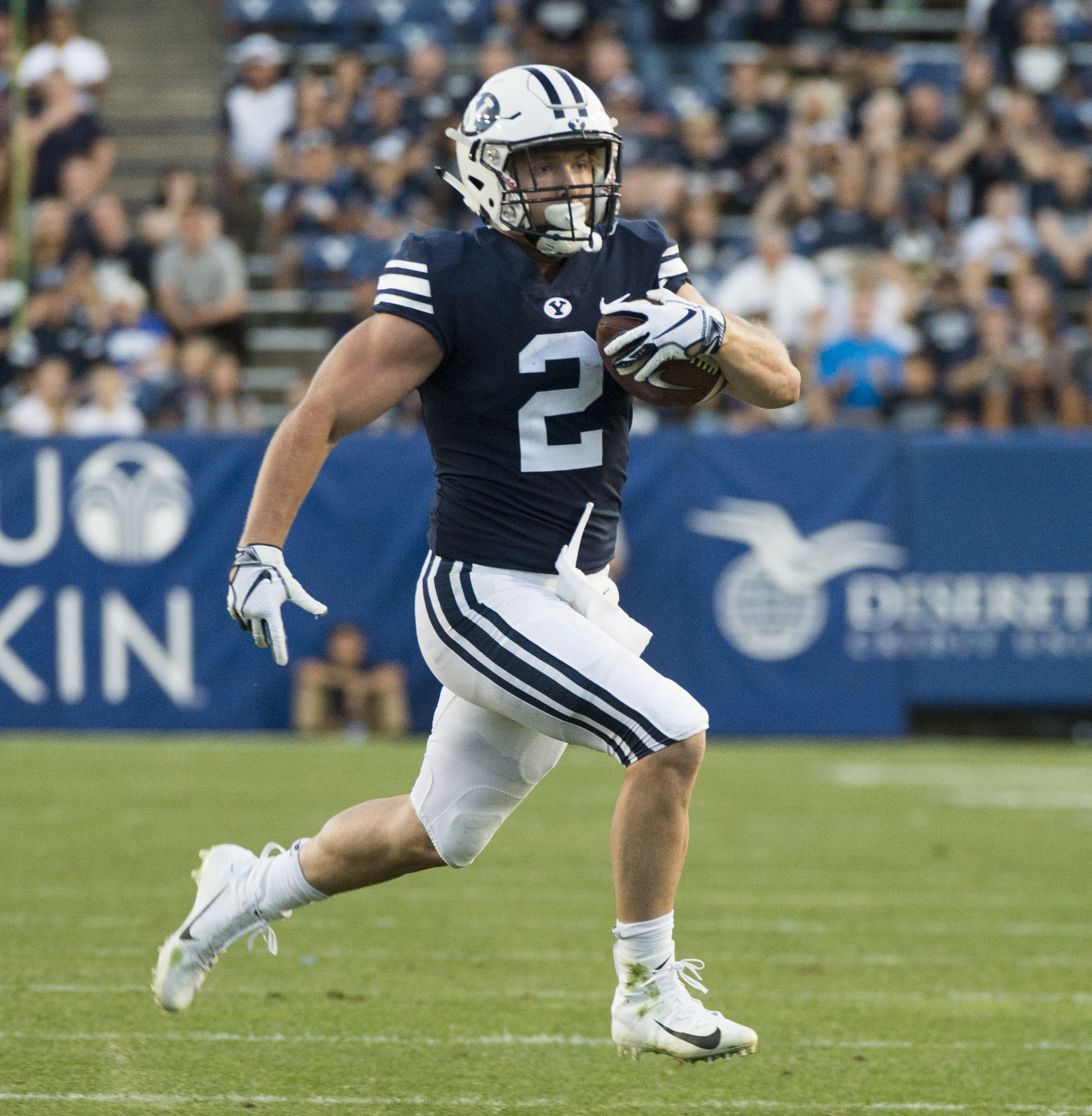 (Rick Egan | The Salt Lake Tribune) Brigham Young running back Matt Hadley (2) runs the ball for the Cougars, in football action Brigham Young Cougars vs McNeese State Cowboys at Lavell Edwards Stadium, Saturday, Sept. 22, 2018. 