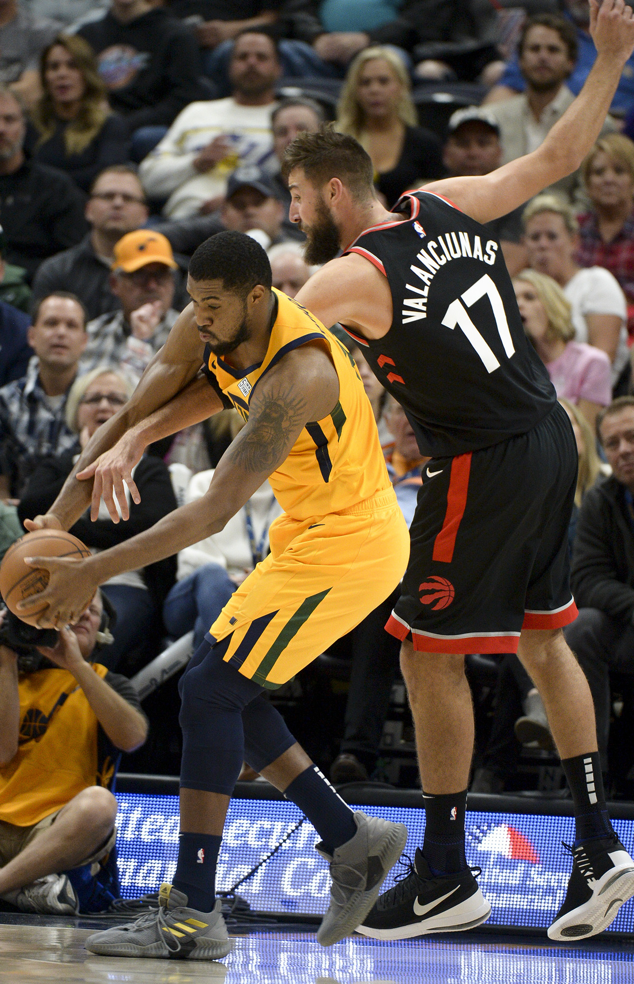 Leah Hogsten | The Salt Lake Tribune Utah Jazz forward Derrick Favors (15) pulls in the rebound as the Utah Jazz host the Toronto Raptors, Monday, Nov. 5, 2018 at Vivant Smart Home Arena.