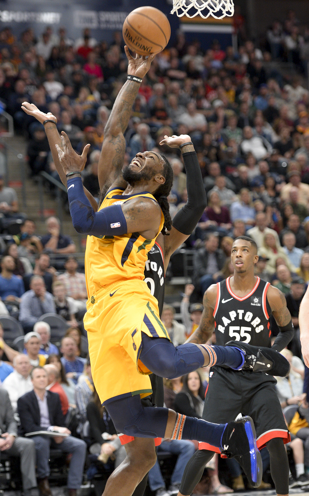 Leah Hogsten | The Salt Lake Tribune Utah Jazz forward Jae Crowder (99) fights Toronto Raptors forward CJ Miles (0) to get to the net as the Utah Jazz host the Toronto Raptors, Monday, Nov. 5, 2018 at Vivant Smart Home Arena.