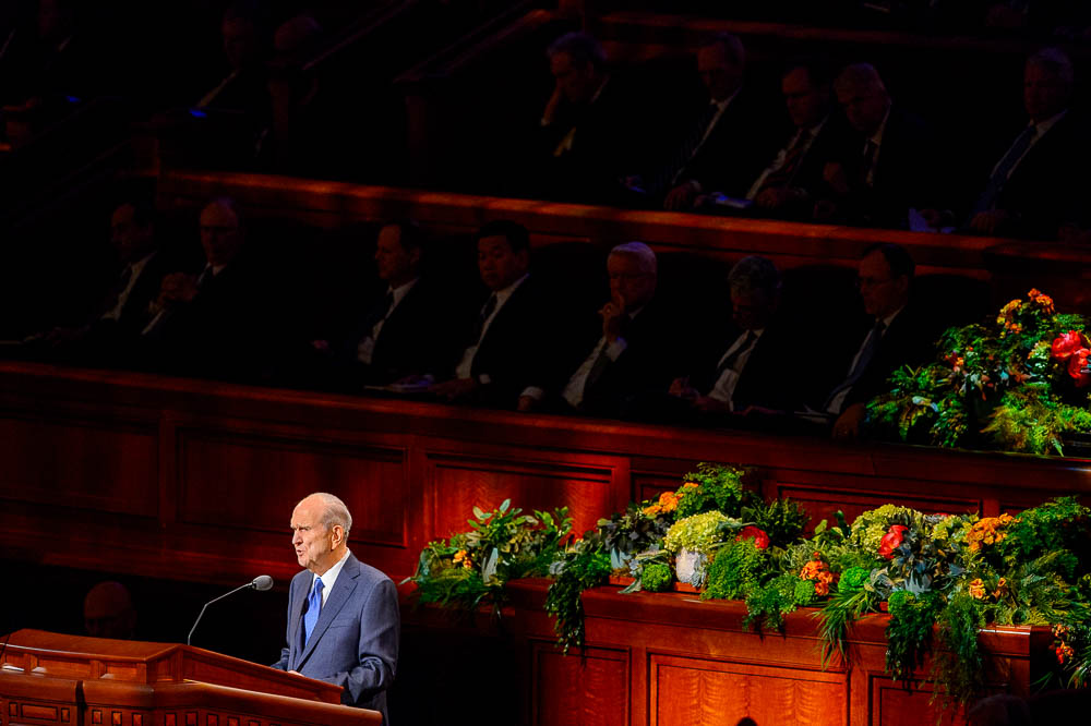 (Trent Nelson | The Salt Lake Tribune) President Russell M. Nelson speaks during the morning session of the189th Annual General Conference of The Church of Jesus Christ of Latter-day Saints in Salt Lake City on Sunday April 7, 2019.