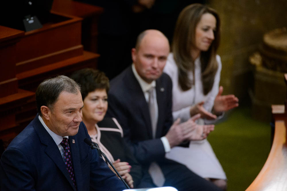 (Trent Nelson | The Salt Lake Tribune) Governor Gary Herbert delivers his State of the State address at the Utah Capitol in Salt Lake City on Wednesday Jan. 30, 2019. At rear are Jeanette Herbert, Lt. Gov. Spencer Cox, and Abby Cox.