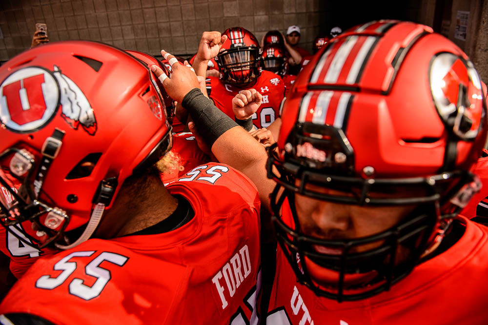 (Trent Nelson | The Salt Lake Tribune) Utah Utes offensive lineman Lo Falemaka (69) leads the team in the huddle before the game as the University of Utah Utes host the Weber State Wildcats, Thursday Aug. 30, 2018 at Rice-Eccles Stadium in Salt Lake City.