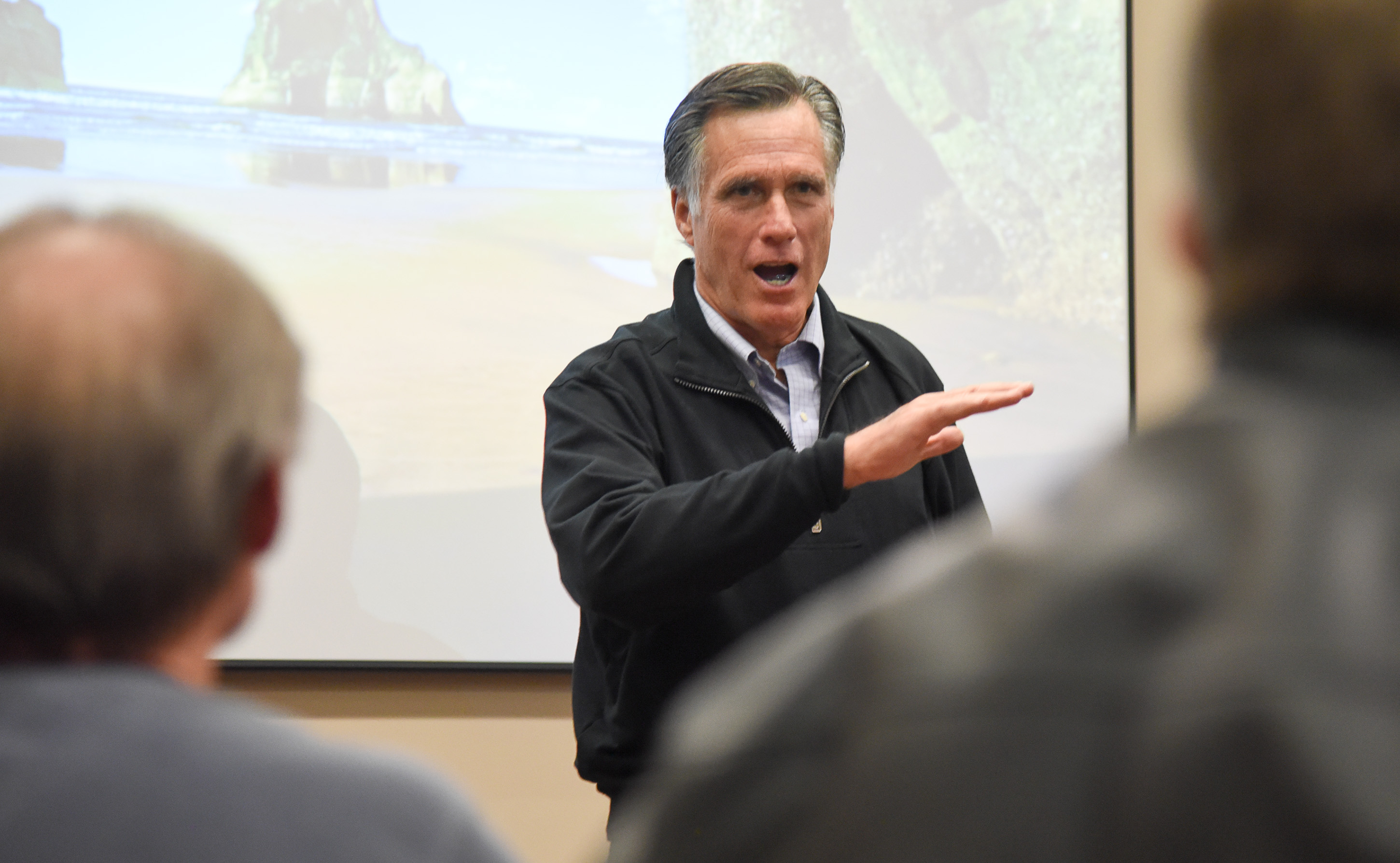 (Francisco Kjolseth | The Salt Lake Tribune) U.S. Senator Mitt Romney visits some of the overflow rooms after holding a town hall meeting at the Davis County administration building, Tuesday, January 22, 2019, to hear from local residents.