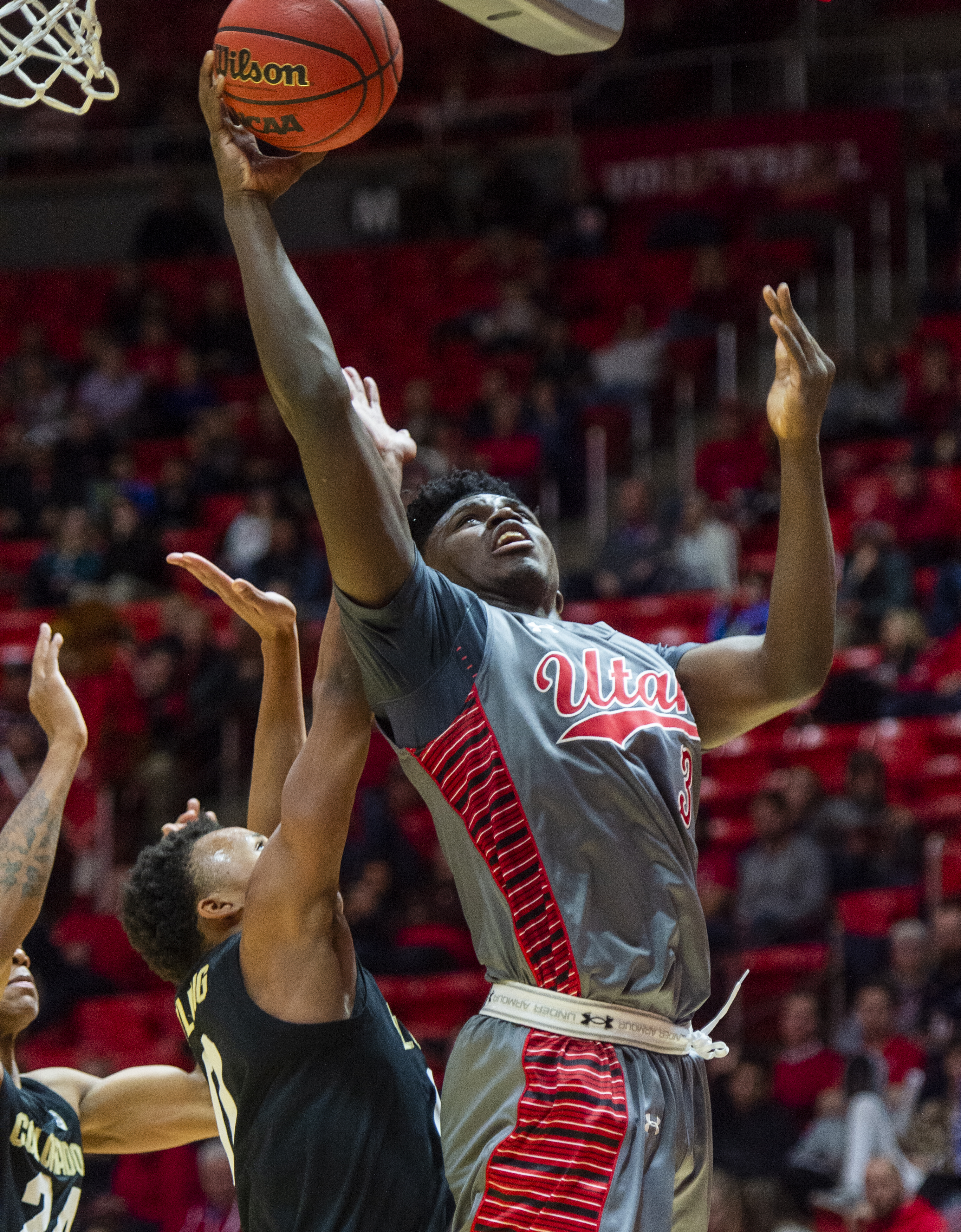 (Rick Egan | The Salt Lake Tribune) Utah Utes forward Donnie Tillman (3) goes in for a layup, in PAC-12 basketball action between the Utah Utes and the Colorado Buffaloes at the Jon M. Huntsman Center, Sunday, Jan. 20, 2019. 